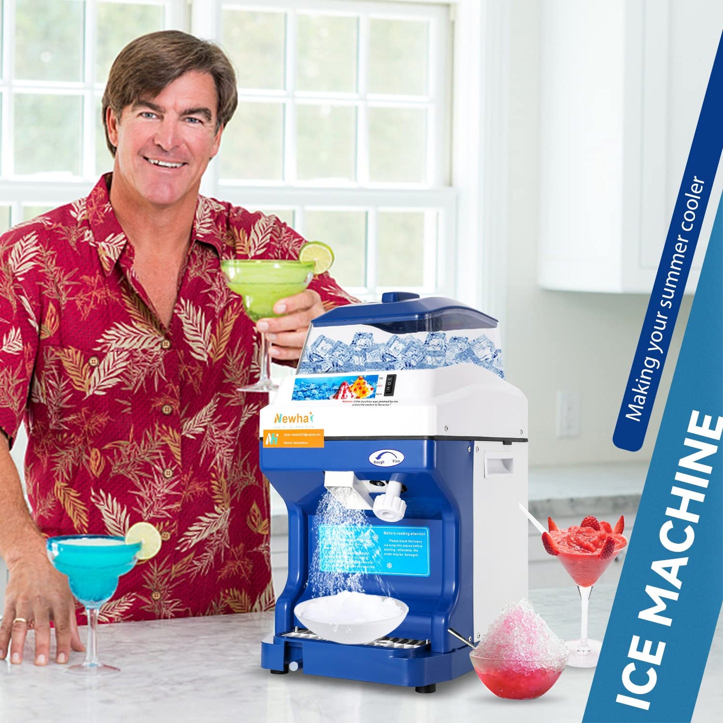 Newhai Ice Shaver Commercial Ice Crusher Electric Shaved Ice Machine 300W Automatic Snow Cone Maker 1400RPM Thickness Adjustable 441 LBS/H Ice Shaving Machine