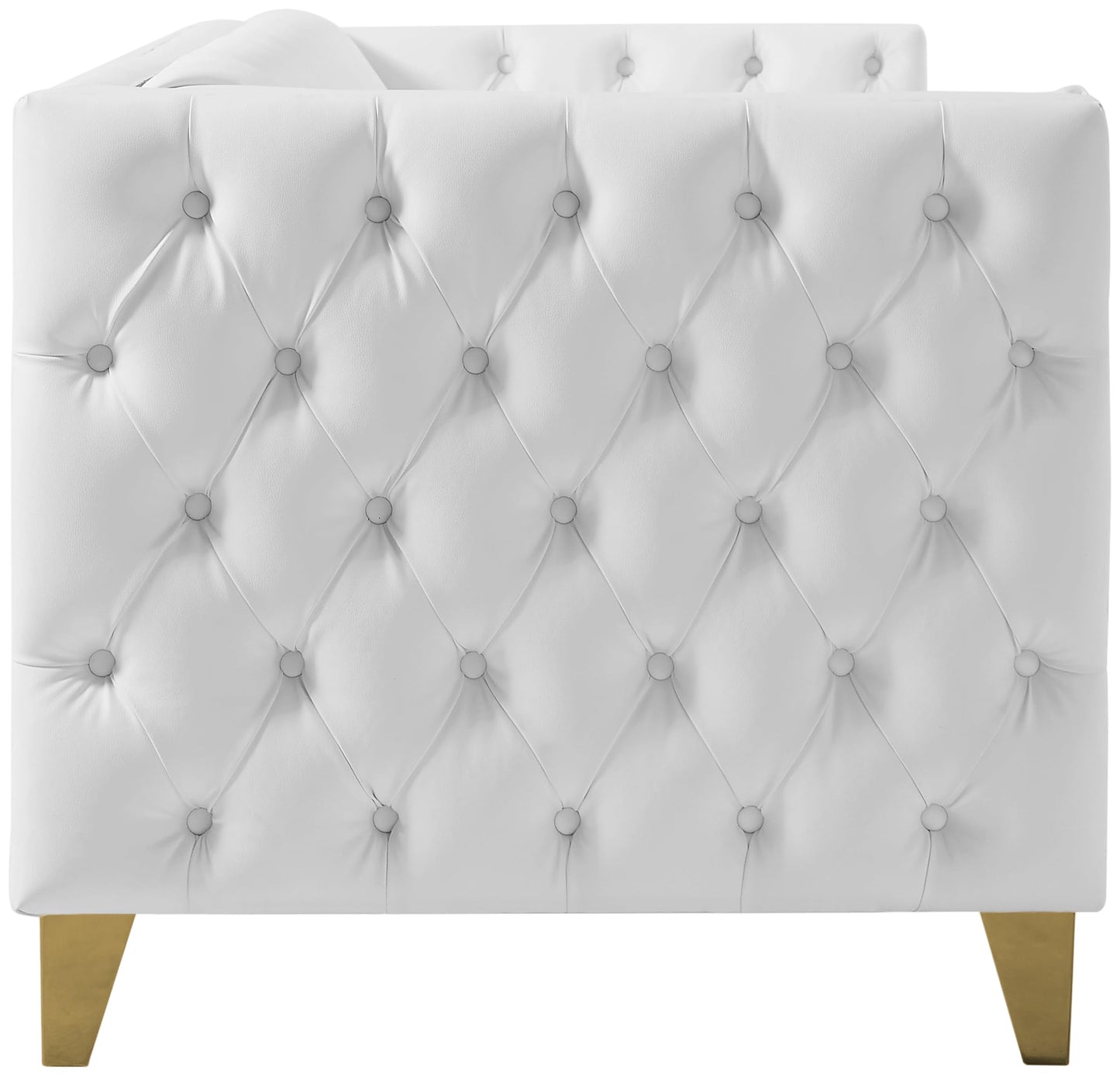 Meridian Furniture 651White-L Michelle Collection Modern | Contemporary Loveseat with Deep Button Tufting, Gold Nailhead Trim and Sturdy Gold Iron Legs, White Vegan Leather, 66" W x 34" D x 30" H
