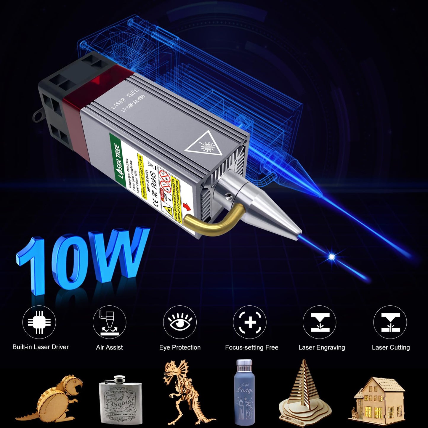 LASER TREE Laser Engraver Module, 10W (10000mW) Optical Power w/Air Assist, Built-in FAC, Double Ultra-Fine Compressed Spot Higher Accuracy Laser Head Class 4, 24V