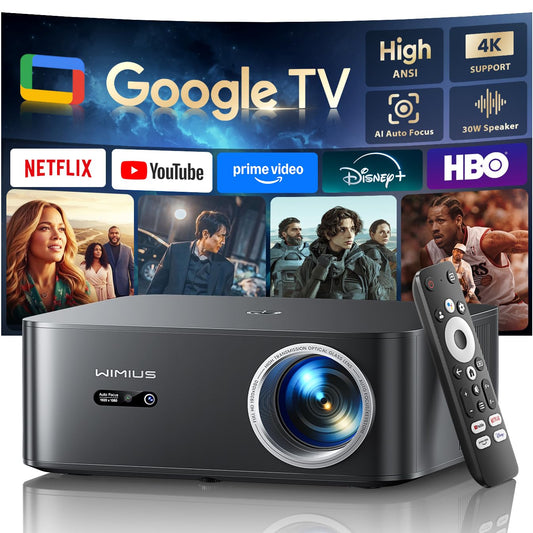 【Bundled with Google TV Stick/4K Supported】Smart Projector with WiFi & Bluetooth, Outdoor & Home TV Movie Projectors with Voice Control, Auto Focus & Keystone, Compatible with Netflix Proyector WiMiUS