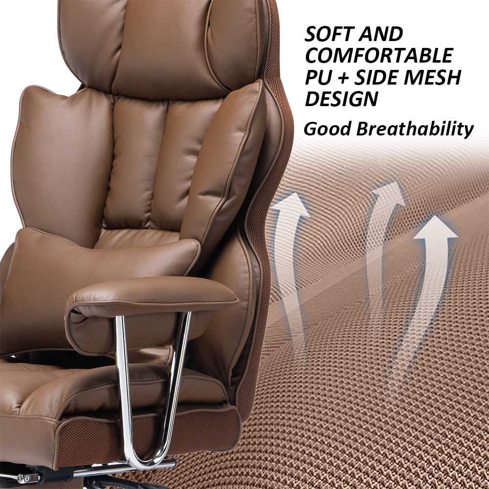 Efomao Big and Tall Office Chair 400lbs – PU Leather Executive Office Chair with Lumbar Support & Leg Rest, Heavy-Duty Computer Chair for Home Office, Brown