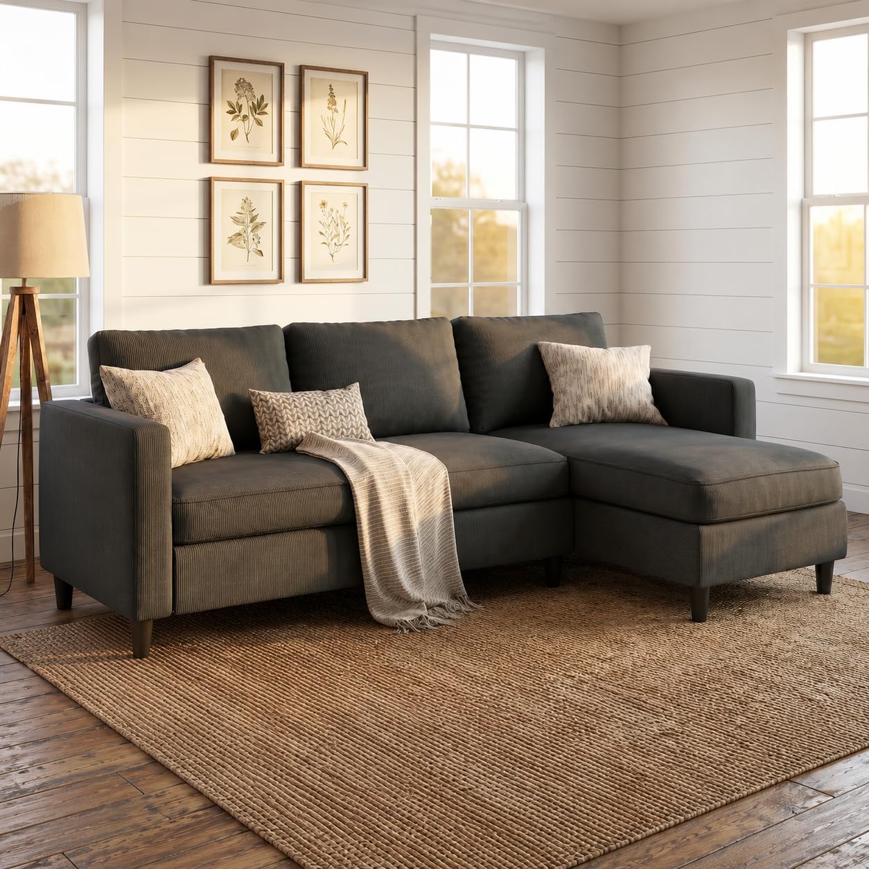 SUNLEI L-Shaped Sectional Couch, Modern Grey Reversible Sectional Sofa with Reversible Ottoman, 3-Seat Compact Couches for Living Room Apartment, Studio & Office, Easy Assembly, Grey