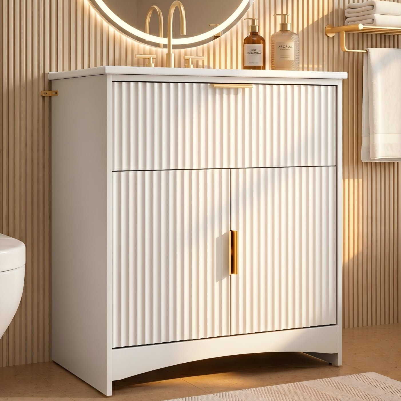 Marsail 30 Inch Bathroom Vanity with Sink, Wood Bathroom Vanities Modern Fluted Vanity Bathroom Cabinet with Drawer, Freestanding Ceramic Vanity Sinks for Bathrooms, White
