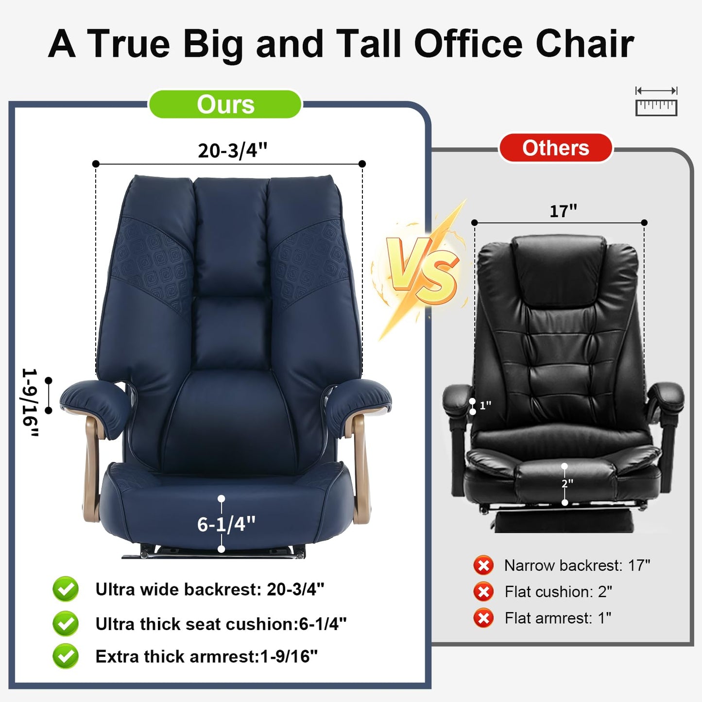 EXCEBET Big and Tall Executive Office Chair with Footrest, 400LBS Capacity Ergonomic High-Back Desk Office Chair with Lumbar Support, Padded Armrests & Thick Cushion, Blue PU Leather Chairs