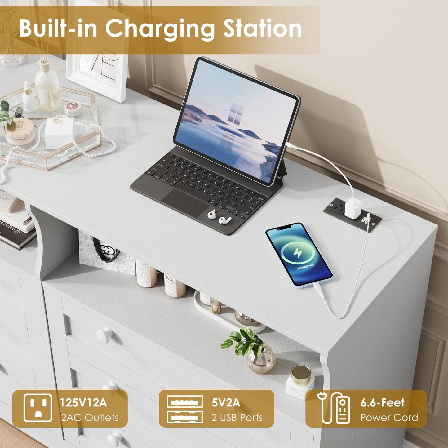 IDEALHOUSE 55" 6-Drawer Dresser for Bedroom – Wood Chest with Charging Station, LED Lights & 2 Storage Compartments, Modern TV Stand for Living Room & Hallway, White