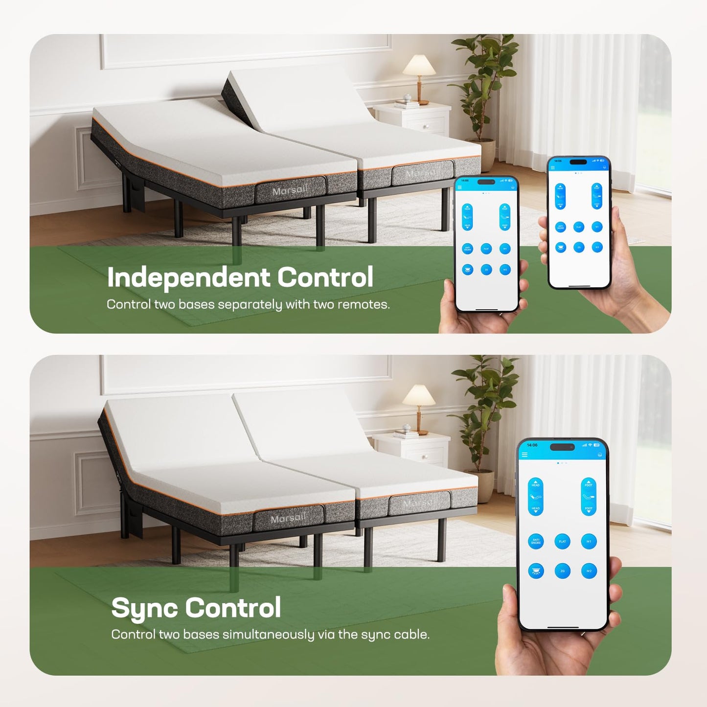 Marsail MS01-2 Split King Adjustable Bed Base with Massage-APP Connects Adjustable Bed Frame with 4 Height Options, 3 Minutes Fast Assembly, Wireless Control Adjustable Bed with Under-Bed Nightlight