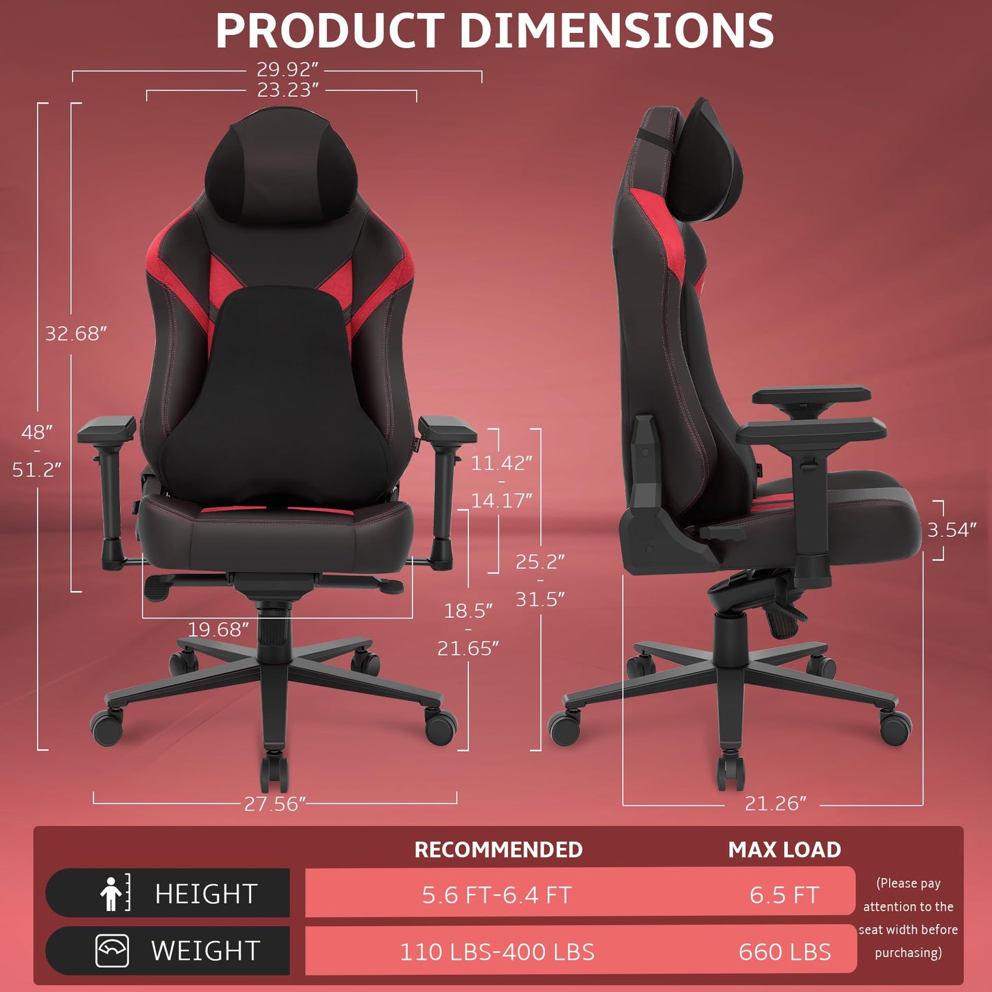 Wyrdforging Ergonomic Gaming Chair, Computer Desk Chairs, 4D Armrests, High Back Office Chair with Headrest & Lumbar Pillow, Tilt Rocker Recliner, Heavy-Duty Base, Black PU Leather & Red Suede Combo