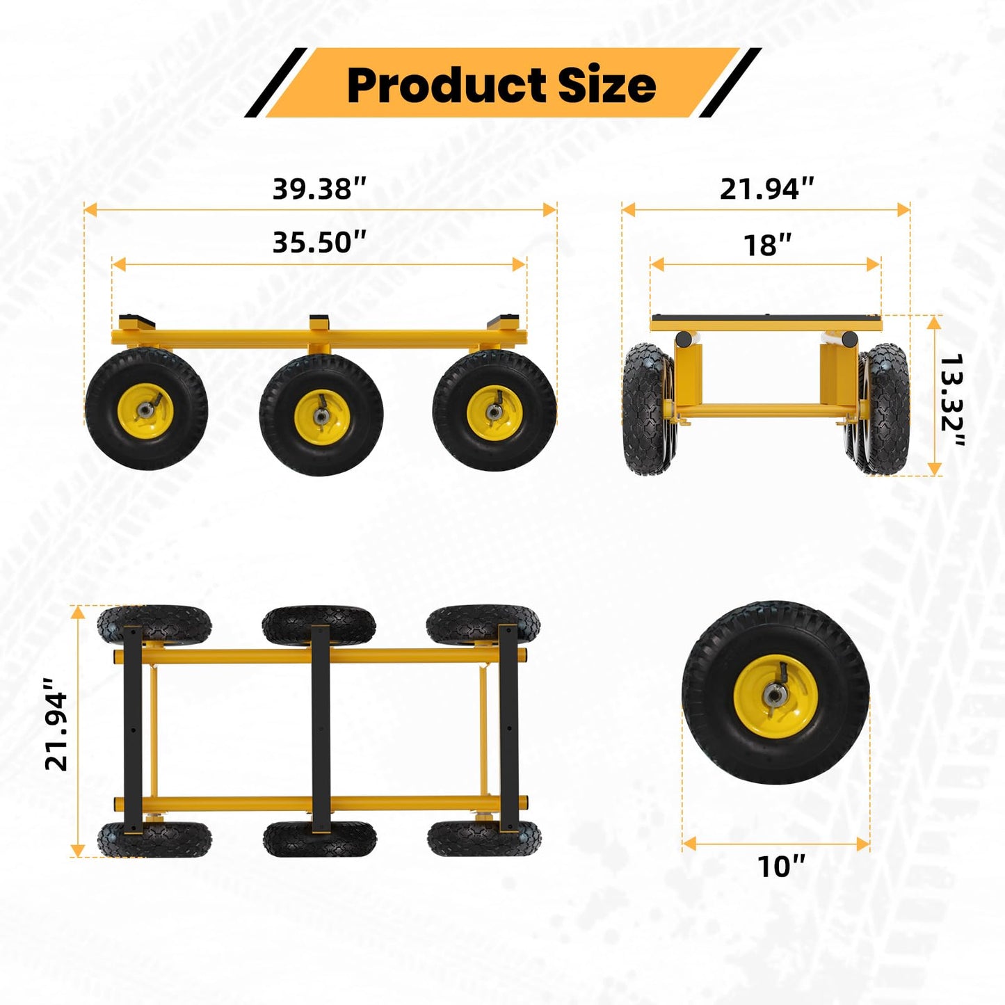 6 Wheel All Terrain Dolly, Heavy Duty Furniture Dolly 1300 Lbs Capacity, 10" Inflatable Tires Big Wheel Dolly, All Terrain Mover for Homes, Logistics, Warehouses, Shopping - 35.5" x 18" - Yellow