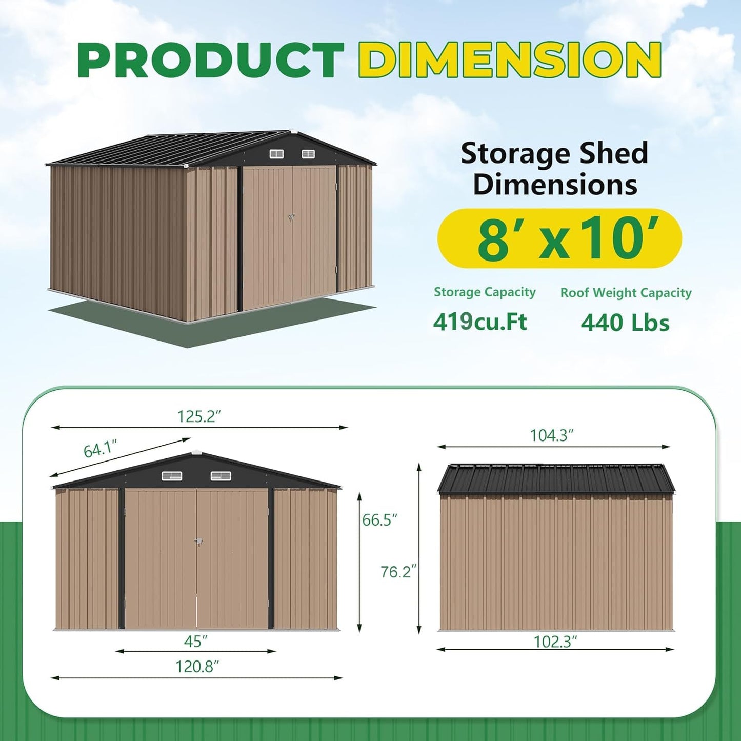 Devoko 10 x 8 FT Outdoor Storage Shed, Metal Garden Sheds & Outdoor Storage Clearance, Large Tool Shed Outdoor with Single Lockable Door for Patio Lawn Backyard (Brown)