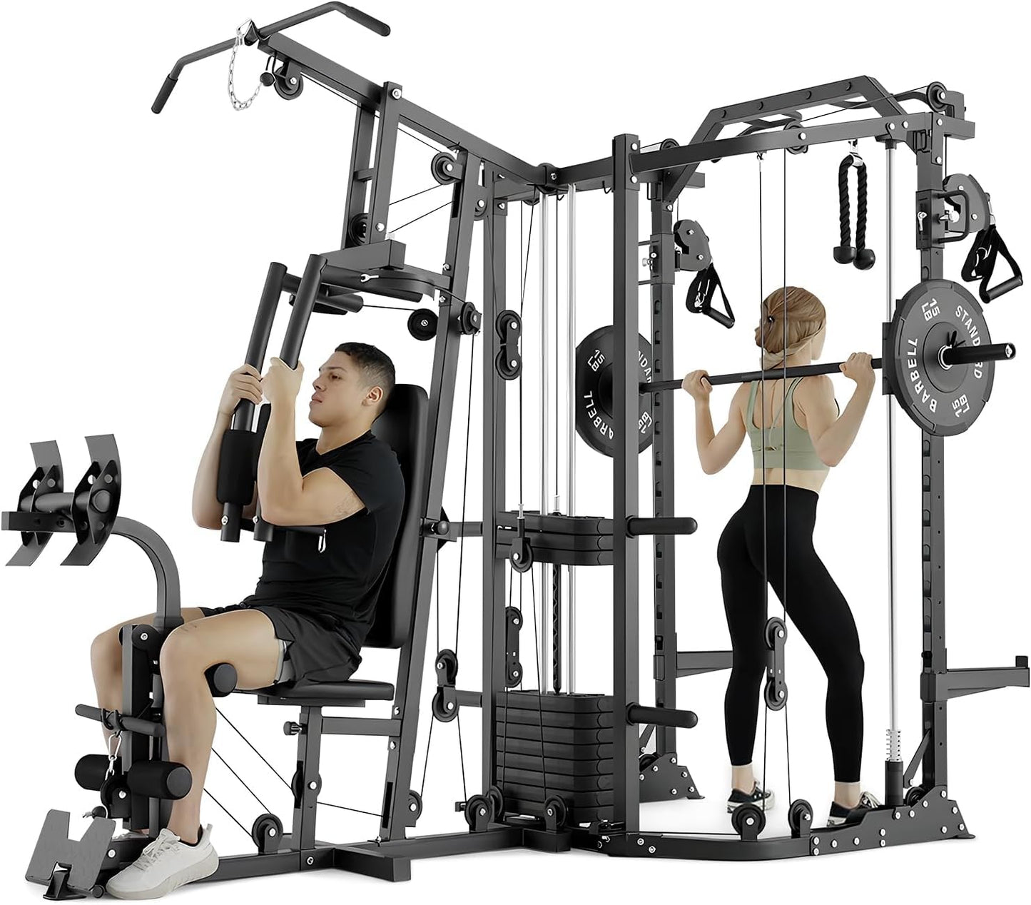 GMWD Dual-Station Smith Machine Power Cage, All-in-One Home Gym Workout Station with 121LB Weight Stacks & Cable Crossover, Professional Functional Trainer for Couples & Family Strength Training