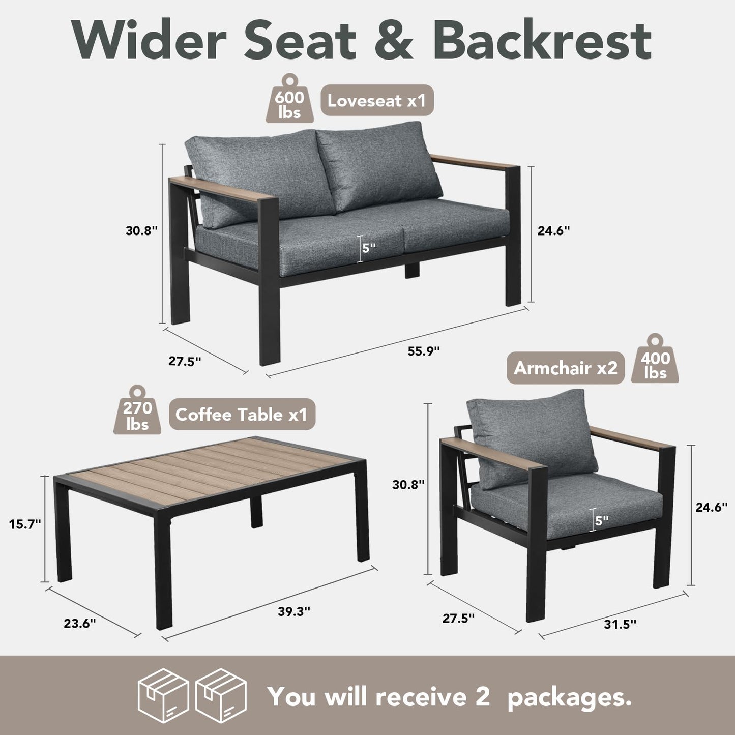 SAILARY Outdoor Patio Furniture Set 4 Seats Luxury Aluminum Patio Conversation Set with Coffee Table, Washable Thick Cushions, Large Sectional Sofa for Porch, Balcony, Deck, Yard, Gray
