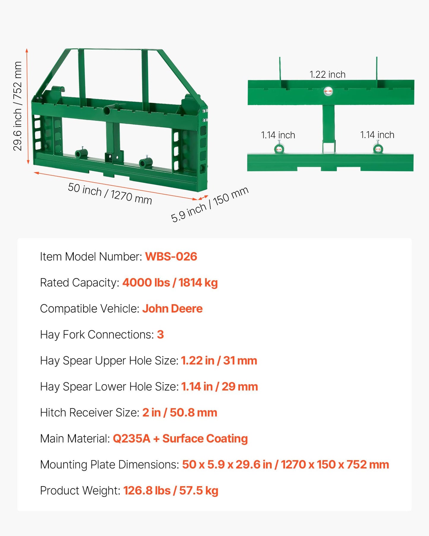VEVOR Skid Steer Pallet Frame, 4000 lbs Rated Load Capacity, 50-inch Pallet Fork Frame Attachments with 2-inch Hitch Receiver & Spear Sleeves, Fit for John Deere Loaders Quick Attach Mount, Frame Only