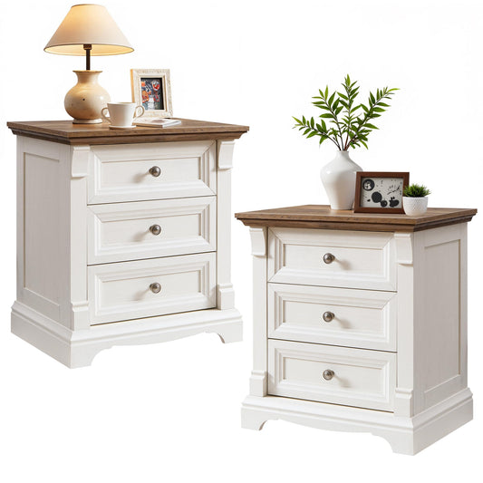 T4TREAM Farmhouse Nightstand Set of 2, 23.6" End Table with 3 Drawers Storage, Wood Side Table w/Roman Column, End Tables Living Room Set of 2, Bedside Cabinet for Bedroom, Living Room, Antique White