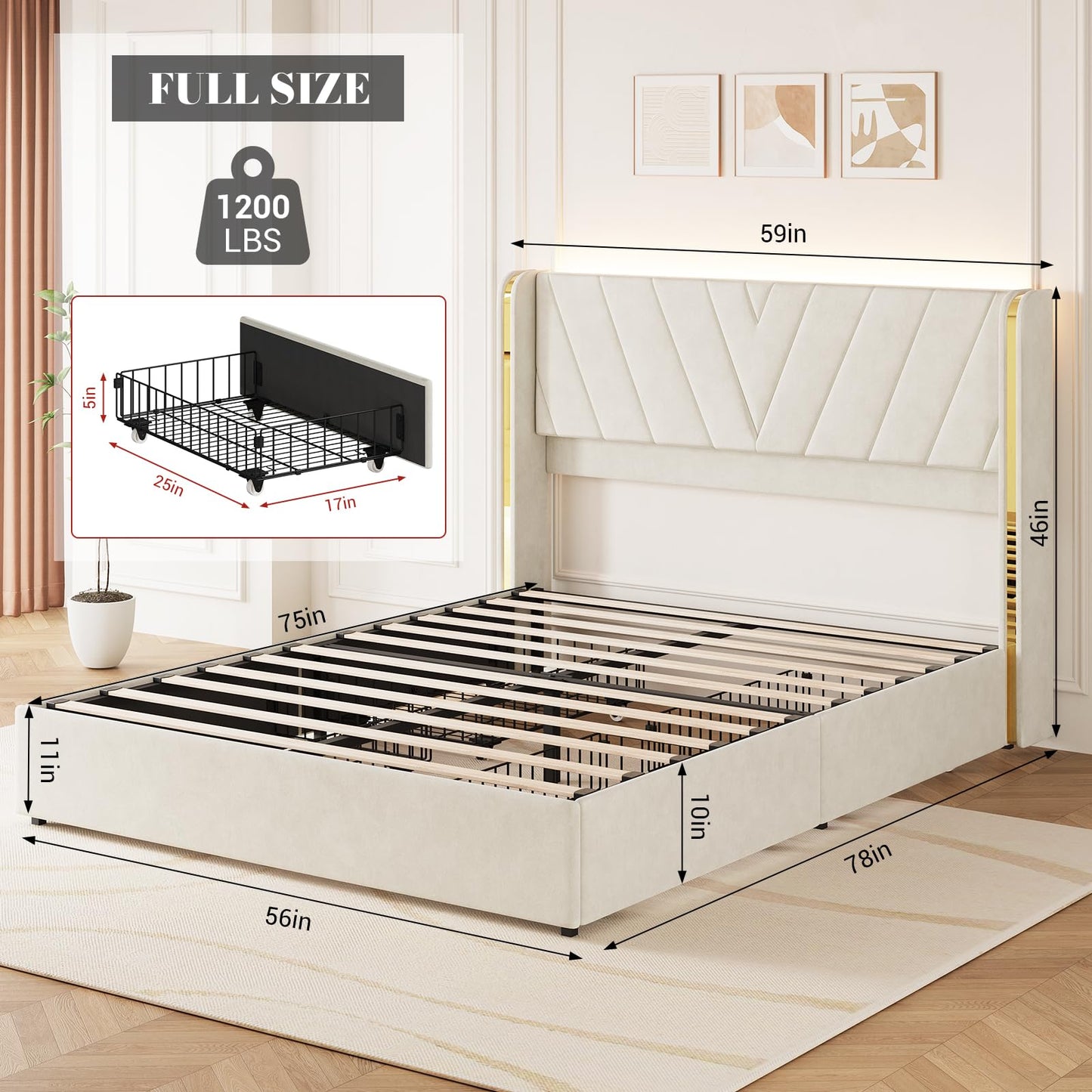 Full Upholstered LED Bed Frame with 4 Storage Drawers, Full Size Bed Frame with RGB LED Lights, Velvet Platform Bed Frame with Wingback Headboard, No Box Spring Needed, Noise Free, Easy Assembly