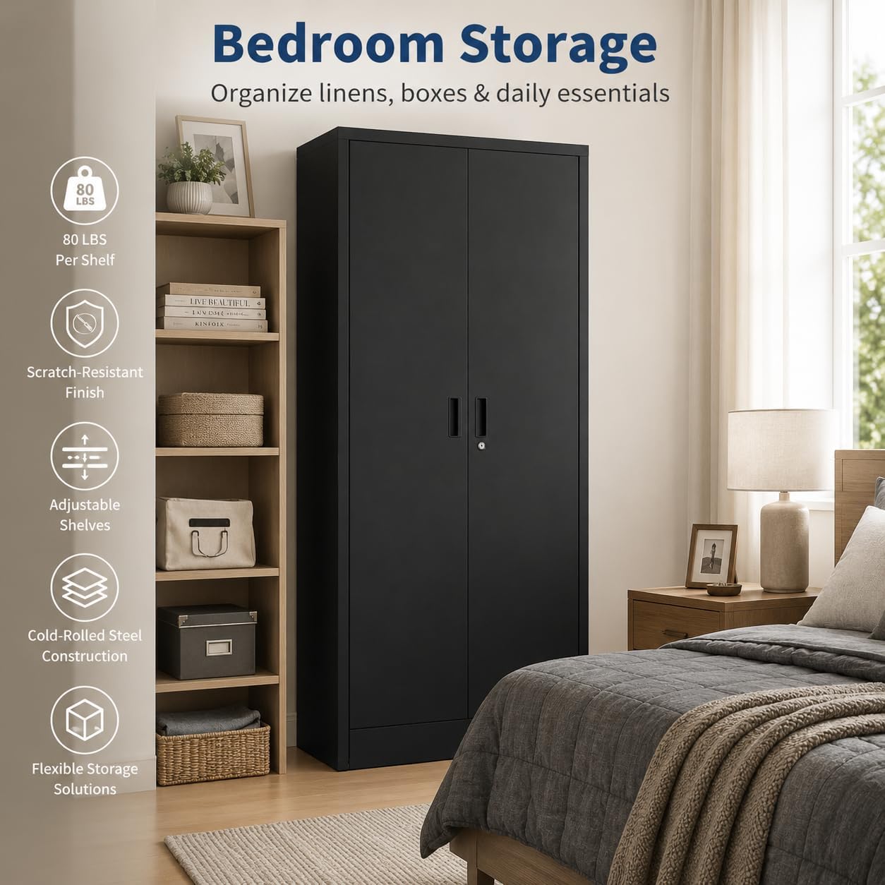 GarveeHome 71in Heavy-Duty Locking Steel Storage Cabinet, Double Doors, Four Adjustable Shelves, for Garage Pantry Office Workshop, Black