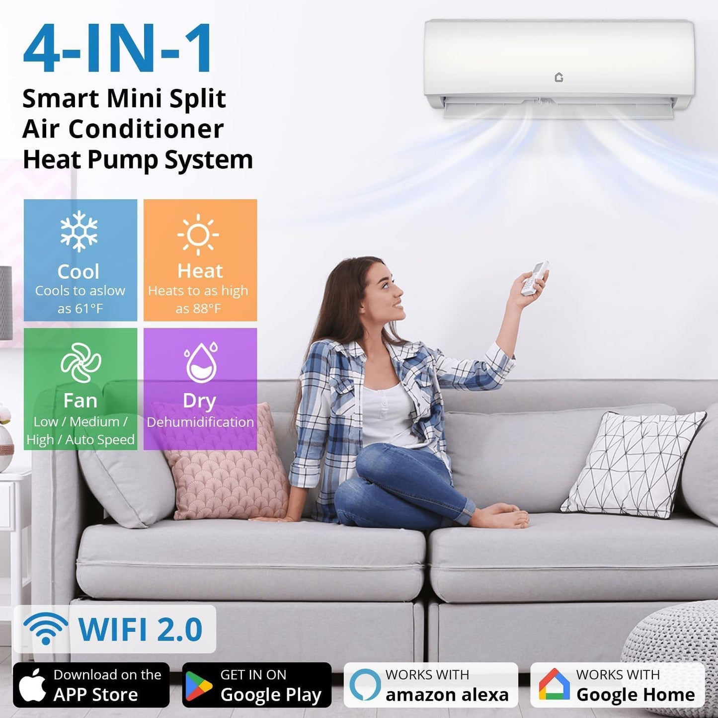 12000BTU Mini Split Air Conditioner with Heat Pump, WiFi Enabled 21 SEER2 230V Energy Efficient Ductless AC System with Remote Control & Easy Installation Kit for Rooms Up to 750 Sq.Ft