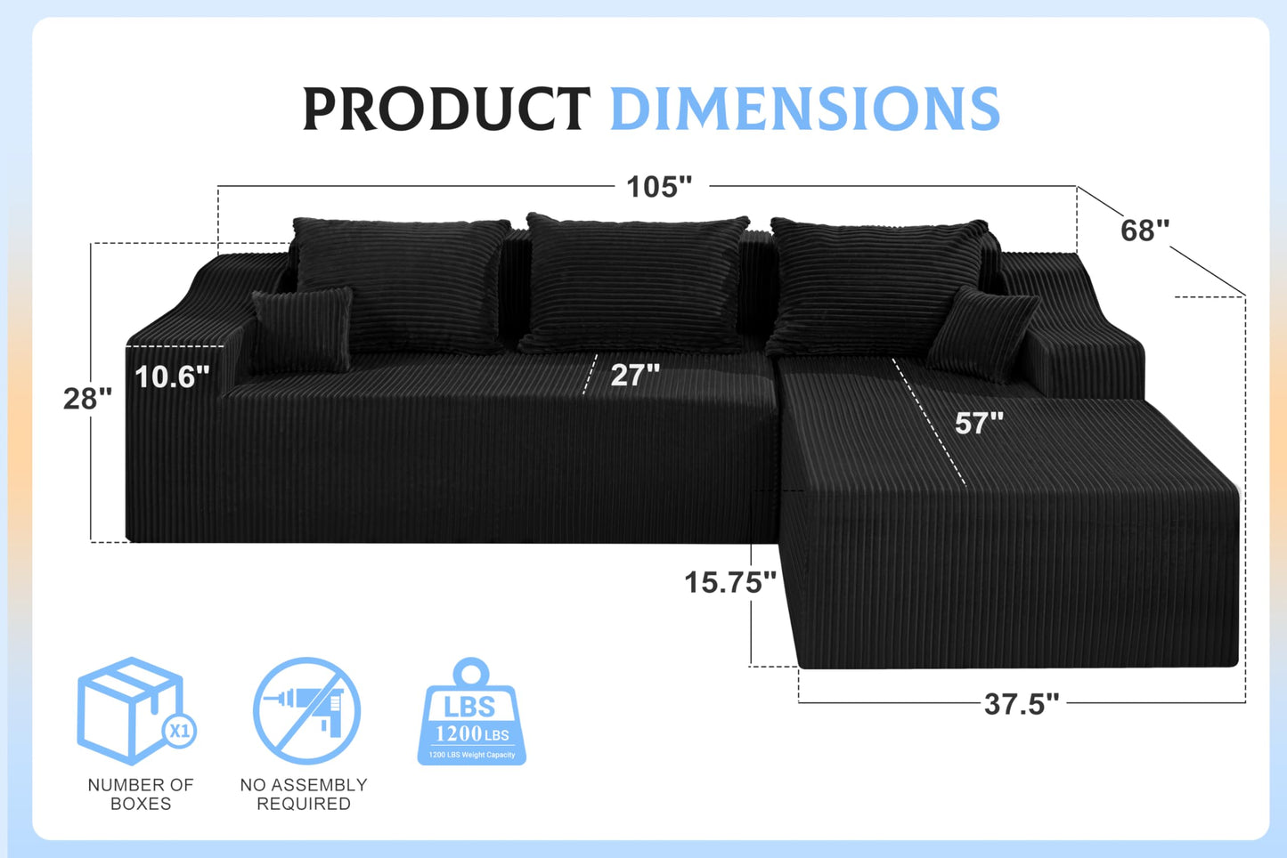 HABUTWAY 105" Modular Sectional Couches for Living Room, Boneless Couch with L-Shape Chaise,Comfy Sofa Living Room Sofas with Deep Seat,No Assembly, Corduroy Fabric(Black,Right)