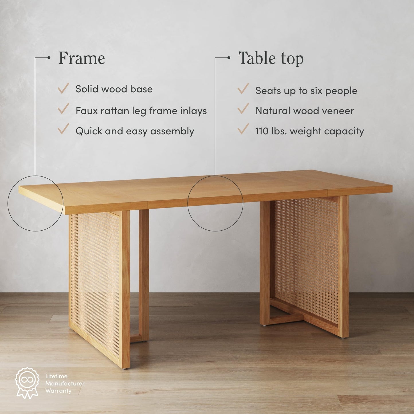 Nathan James Willow Boho Dining Table for 6 with Solid Wood Legs, 6-Person Natural Wood Dining Table, Warm Pine or Brown with Bohemian Rattan Accent