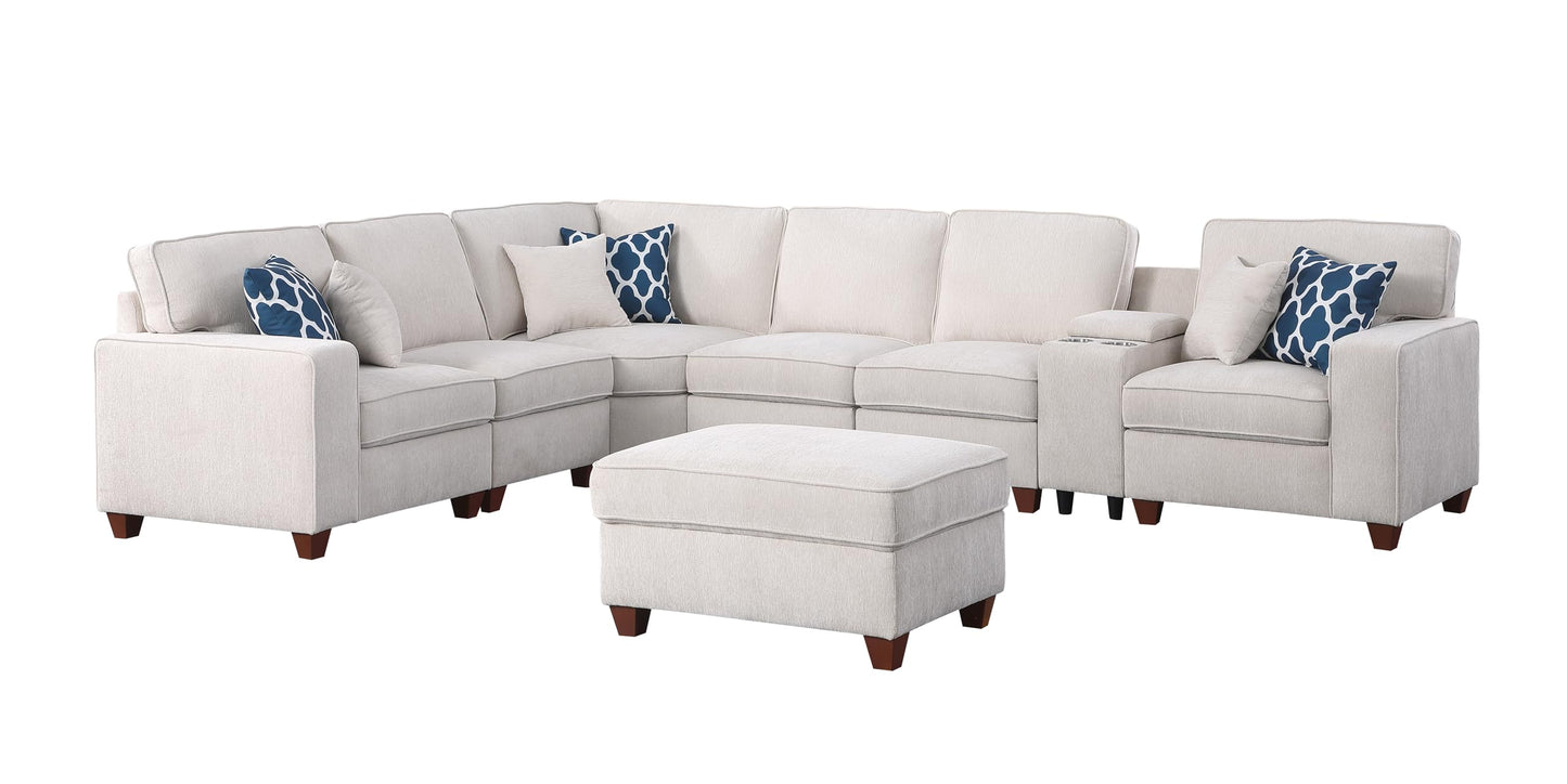 Ball & Cast 127" L-Shaped Sectional Couches for Living Room with Movable Ottoman,2 Cup Holders & USB Ports,7 Seat Chenille Upholstered Sofa W/6 Throw Pillows & Hidden Storage Box,DIY Combination,Beige