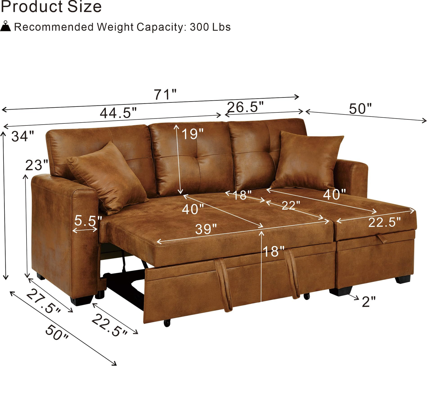 Eafurn Faux Leather Tufted Convertible Sleeper Sectional Sofa Bed, 3 Seater L Shaped Reversible Pull Out Sectional Couch Bed with Chaise Lounge and Storage for Living Room Corner