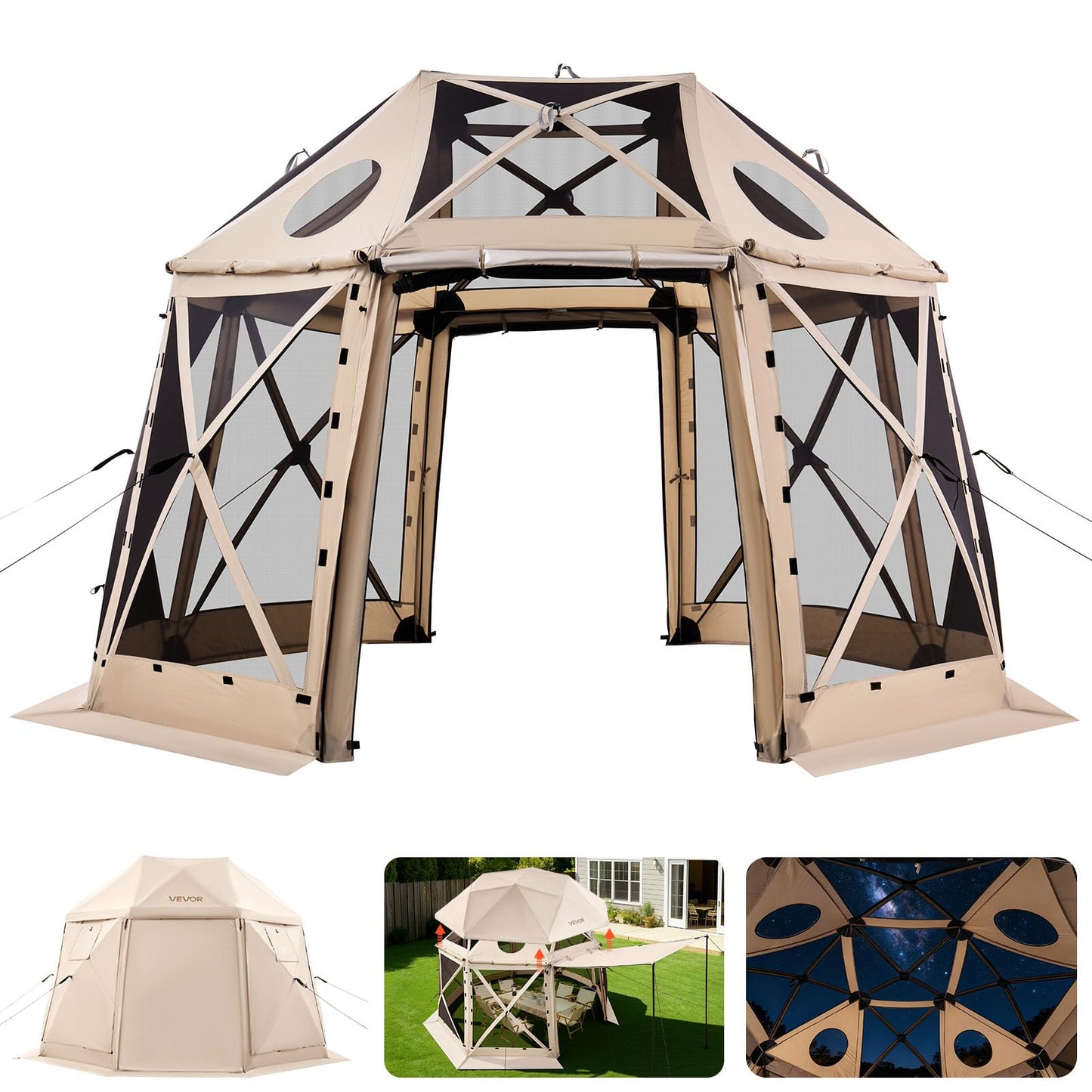 VEVOR Pop Up Gazebo Screen Tent, 12 x 12 ft Large High 13-Sided Camping Canopy Tent with Removable Top & Carry Bag, Quick Set & Bite-Proof Mesh Screen Sun Shelter for 8-10 Persons Backyard Patio