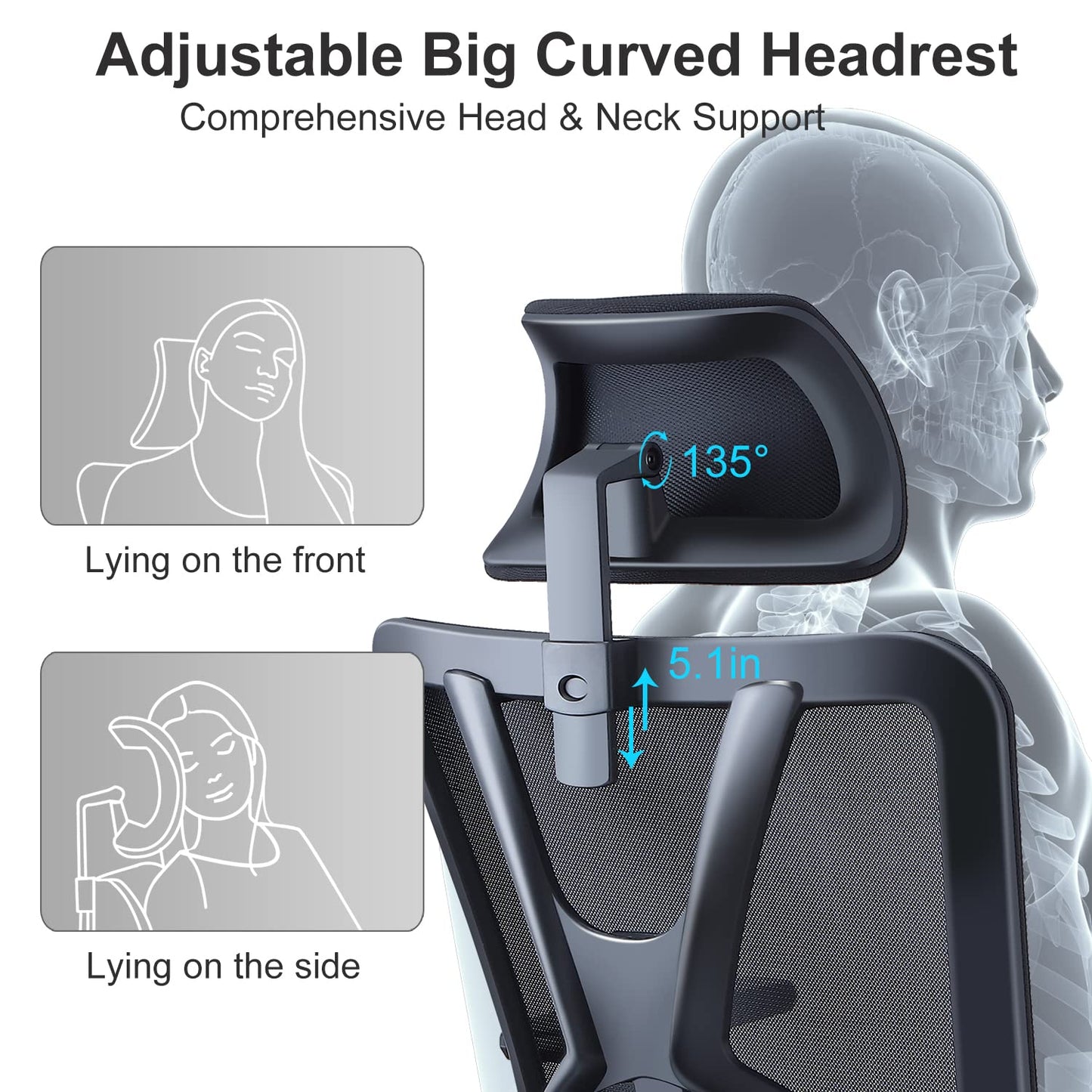 Ticova Ergonomic Office Chair - High Back Desk Chair with Adjustable Lumbar Support, Headrest & 3D Armrest
