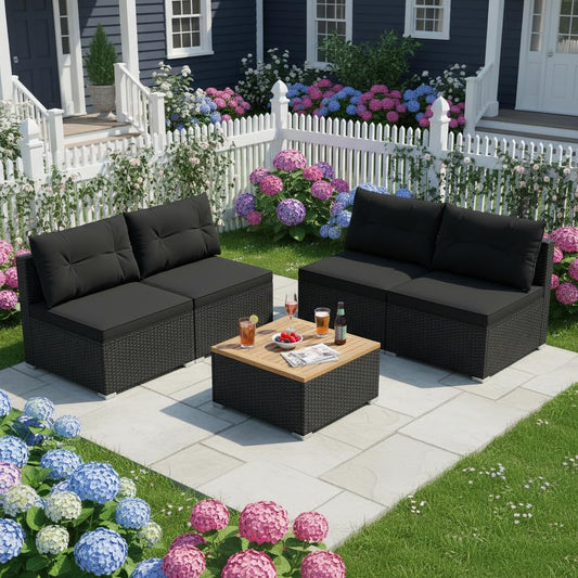 Tangkula 5 Pieces Wicker Patio Furniture Set, Outdoor 4 Armless Rattan Sofa & Coffee Table Set, with Cushions, Acacia Wood Tabletop, Sectional Patio Conversation Set for Lawn, Yard, Poolside, Black