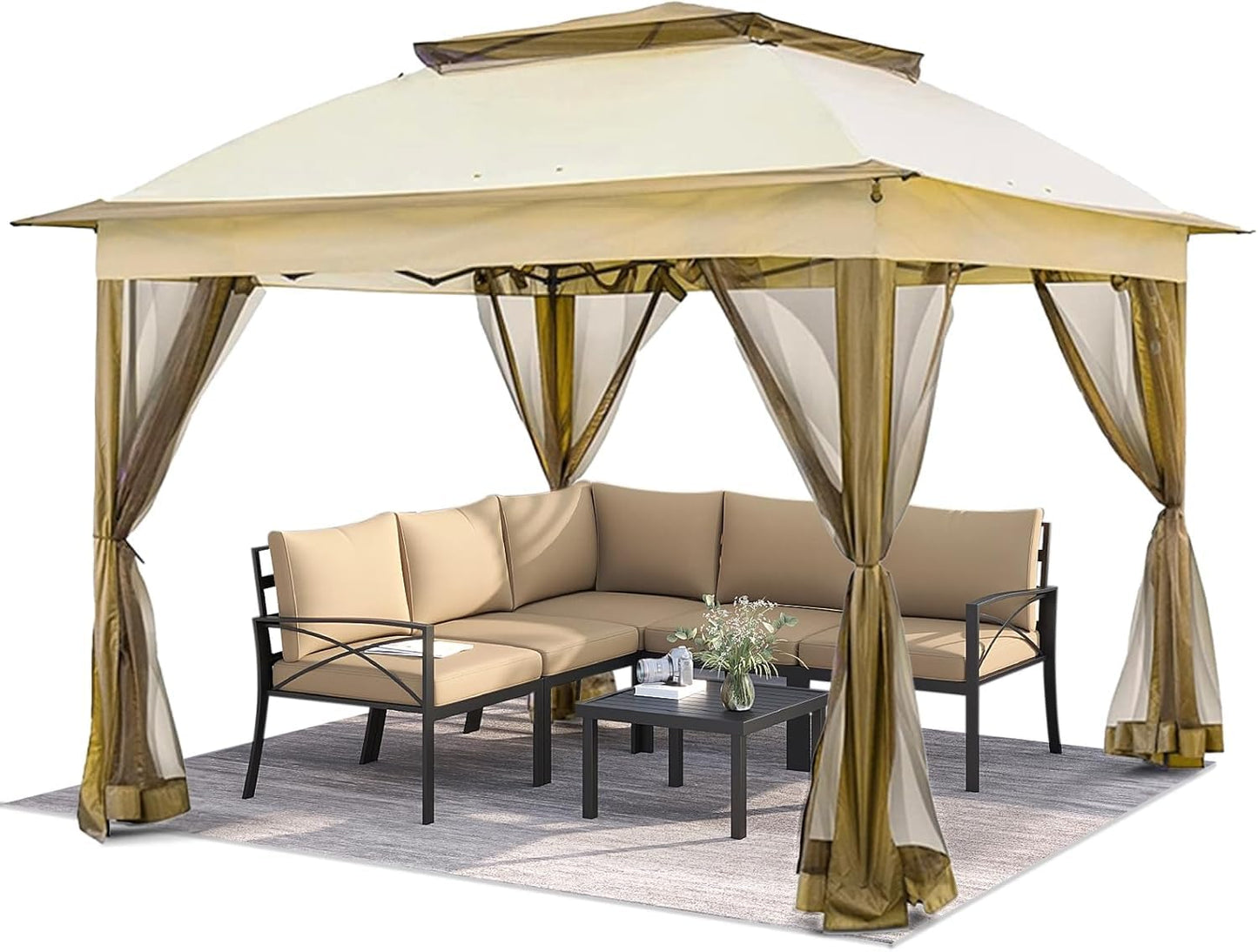 Solaroxy 10' x 10' Pop Up Gazebo Tent, Outdoor Screen Canopy Shelter, Instant Patio Sun Shade Gazebo Tent with 2 Tiers Roof & Mesh Netting for Garden, Lawn, Backyard, Party, Beige