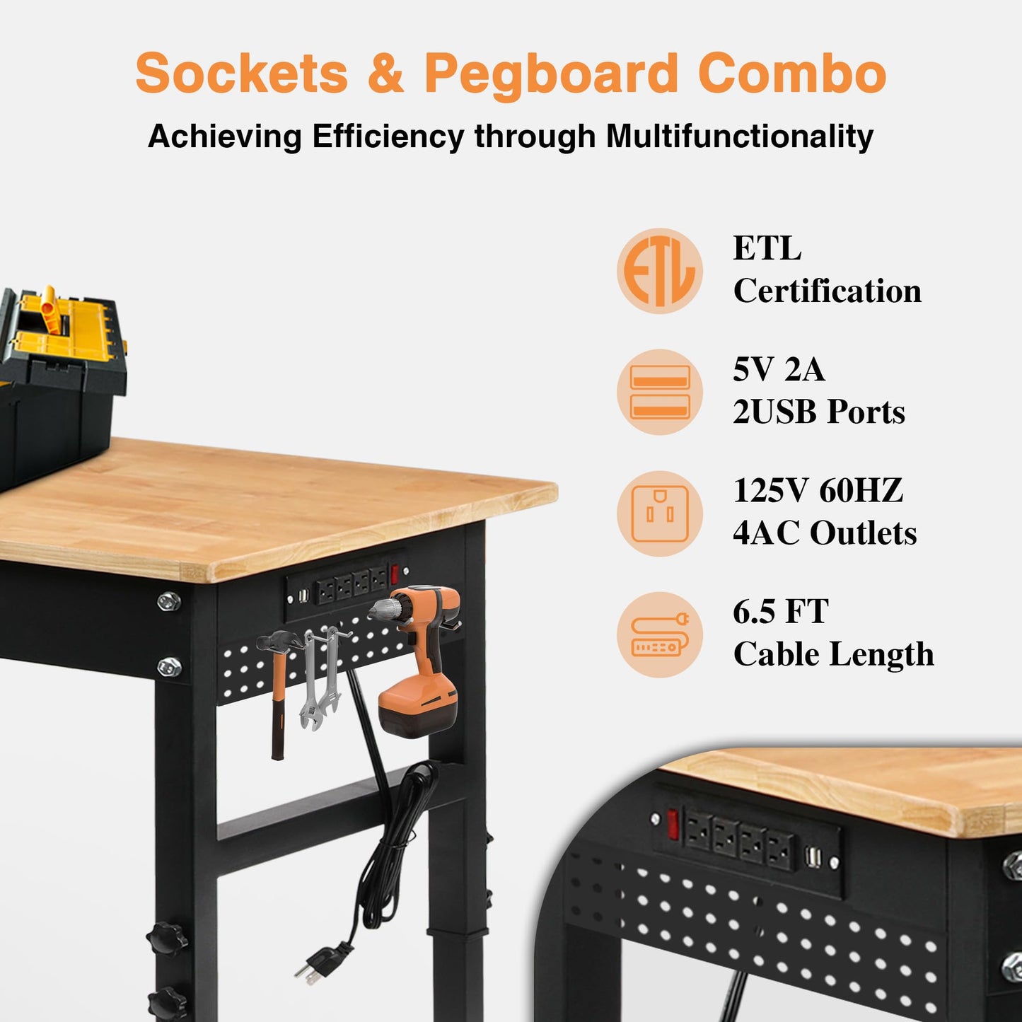 Betterhood 70" Adjustable Height Workbench, 2000 LBS Heavy Duty Work Table with Power Outlets & Pegboard, Rubber Wood Workstation for Garage, Workshop, Office, Home, Commercial