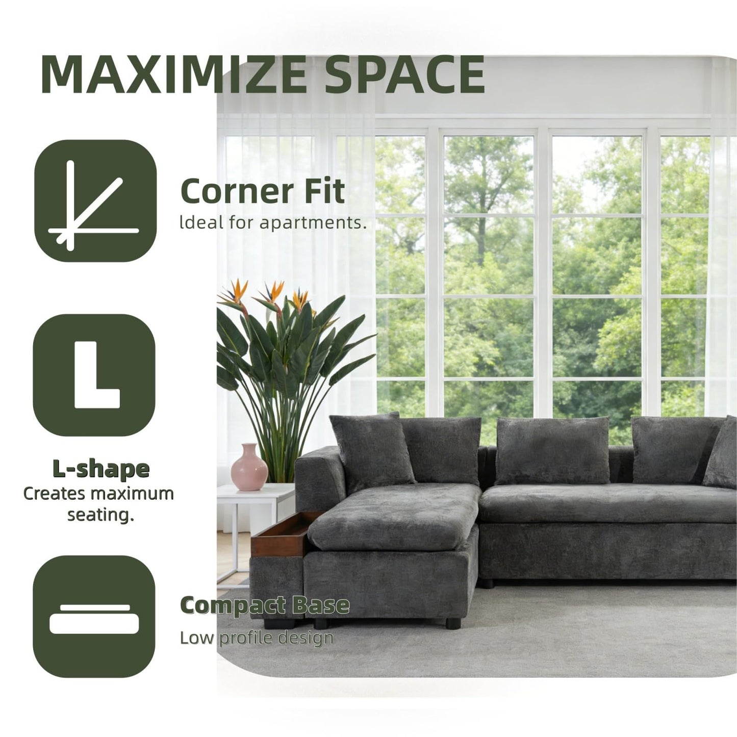 Trygoal 93.7" L-Shaped Sectional Sofa with Storage Chaise, Modern Couch for Living Room, Chenille Upholstered Couch with Deep Seats & Throw Pillows, Modern Corner Sofa for Living Room, Brown