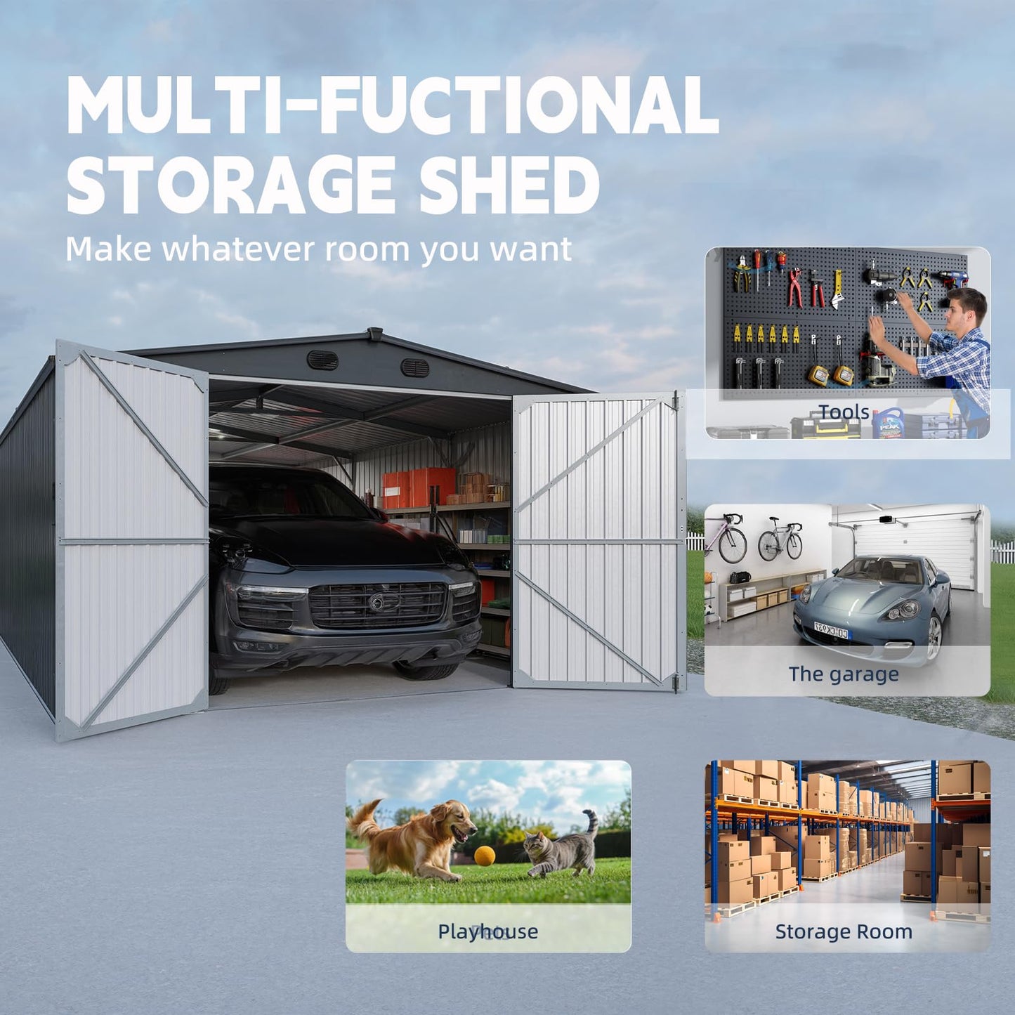 DIGMIGHT 13x20 ft Metal Garage Shed, Heavy-Duty Dark Grey Steel Outdoor Storage Building with Anti-Rust Coating for Workshop, Car, Lawn Equipment (13-20FT)