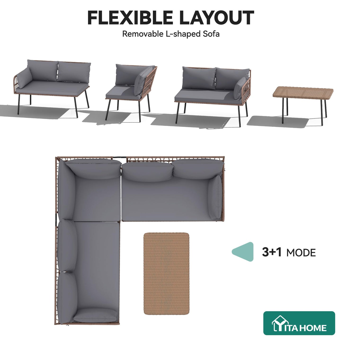 YITAHOME 4-Piece Wicker Patio Furniture Set, All Weather PE Rattan Conversation Set Sectional Sofa with Soft Cushions & Side Table, Porch Furniture for Deck, Balcony, Backyard - Gray