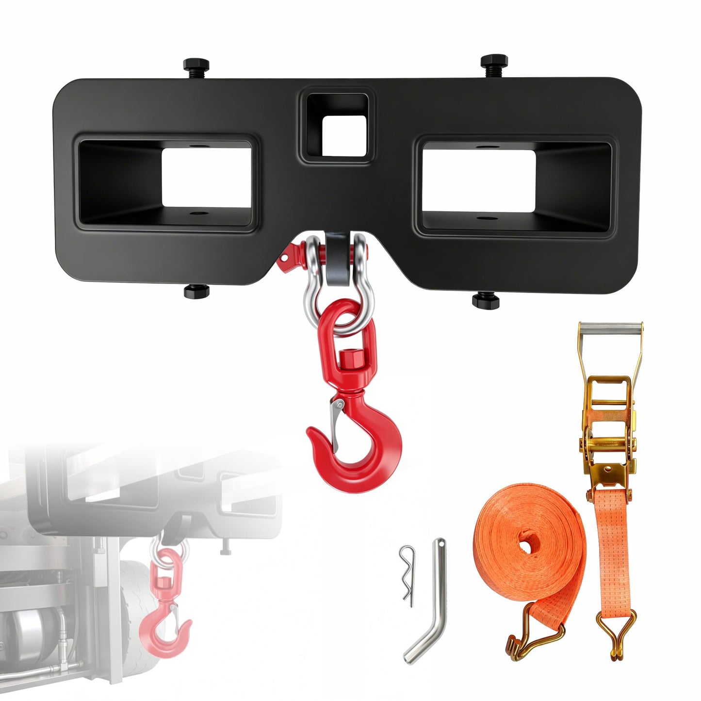 Heavy Duty Forklift Lifting Hook Attachment with Ratchet Tie Down Strap