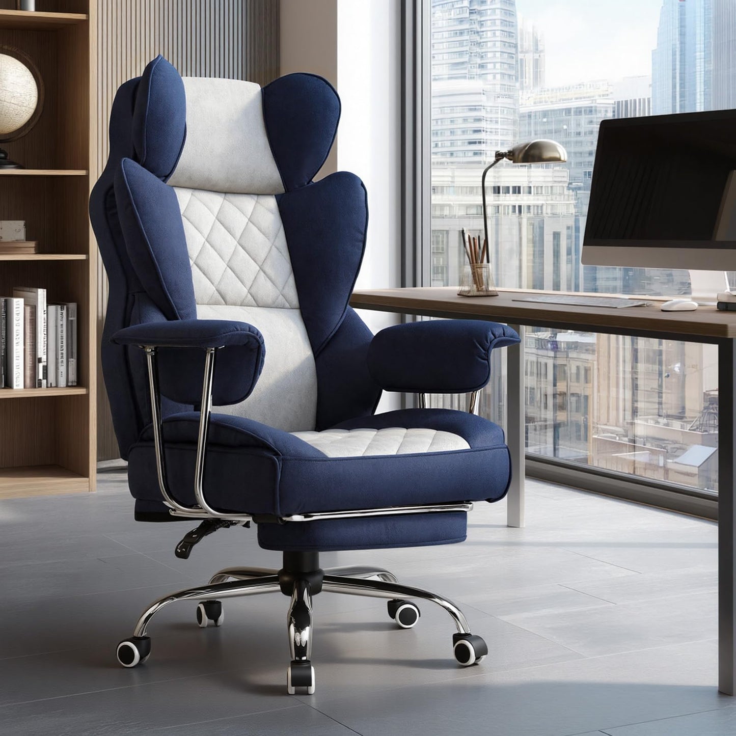 GTPLAYER Gaming Chair,Office Chair with Pocket Spring Lumbar Support, Ergonomic Comfortable Wide Office Desk Computer Chair with Outward Fixed Soft Armrests and Footrest (Fabric, Dark Blue & White)