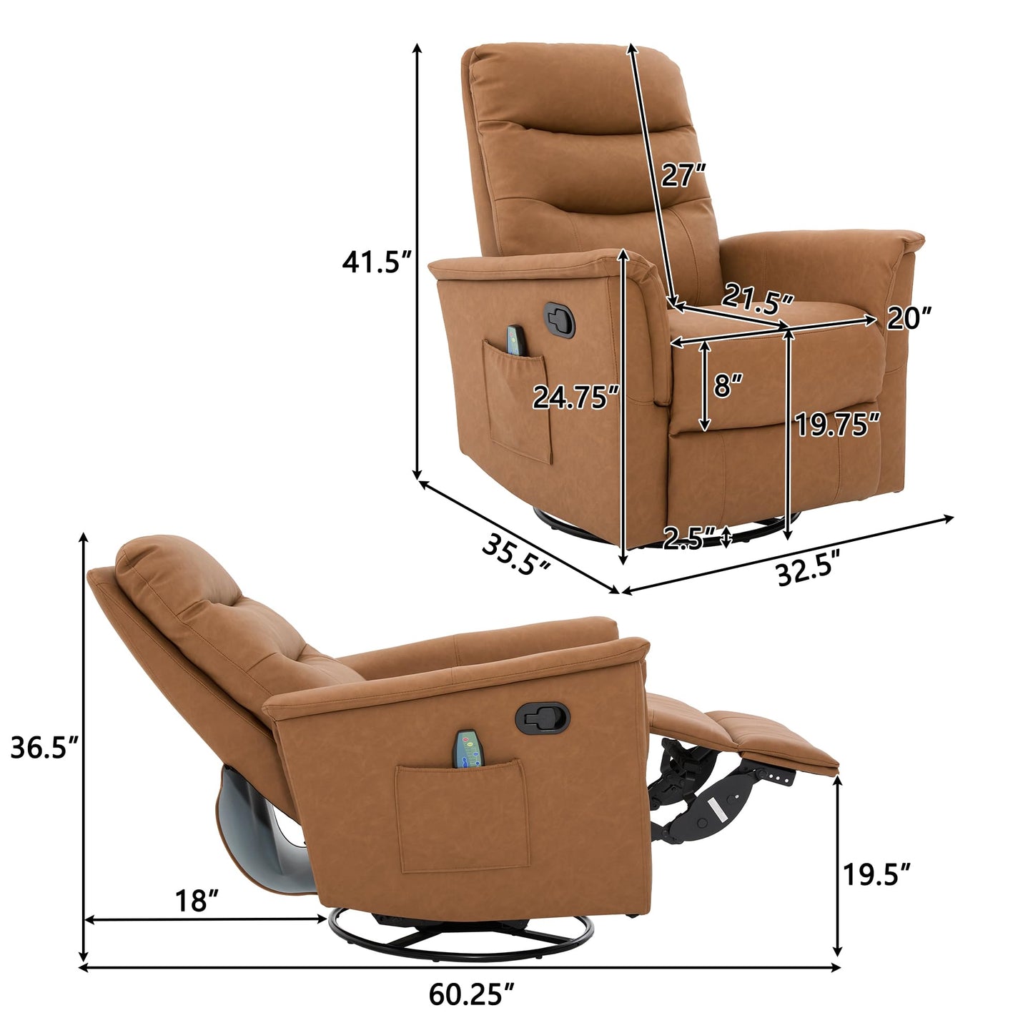 Christopher Knight Home Helen Massage Recliner Chair with 8 Points Function, PU Leather Upholstered Recliner Sofa with Two Adjustable Positions, Swivel Massage Chair with a Side Storage Pocket, Brown