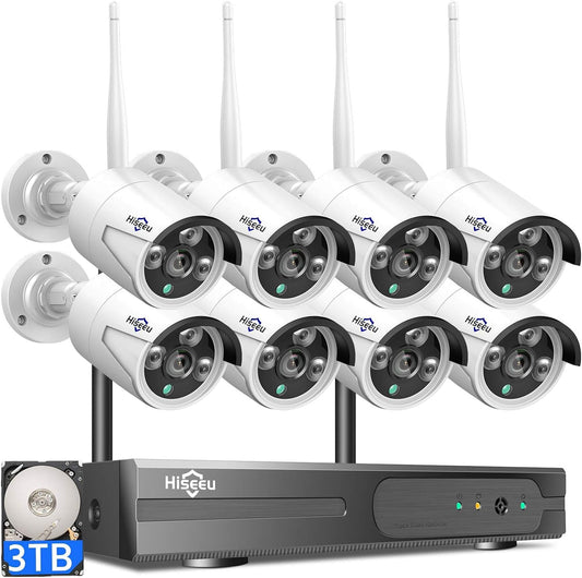 【16CH Expandable】Hiseeu Home Security Camera System, 24/7 Recording, Wired Plug-in Powered 8Pcs 5MP Outdoor Camera, 4K NVR Kit, Night Vision, IP66, Motion Detection, 3TB HDD, 2.4G/5G Wireless Pro WiFi