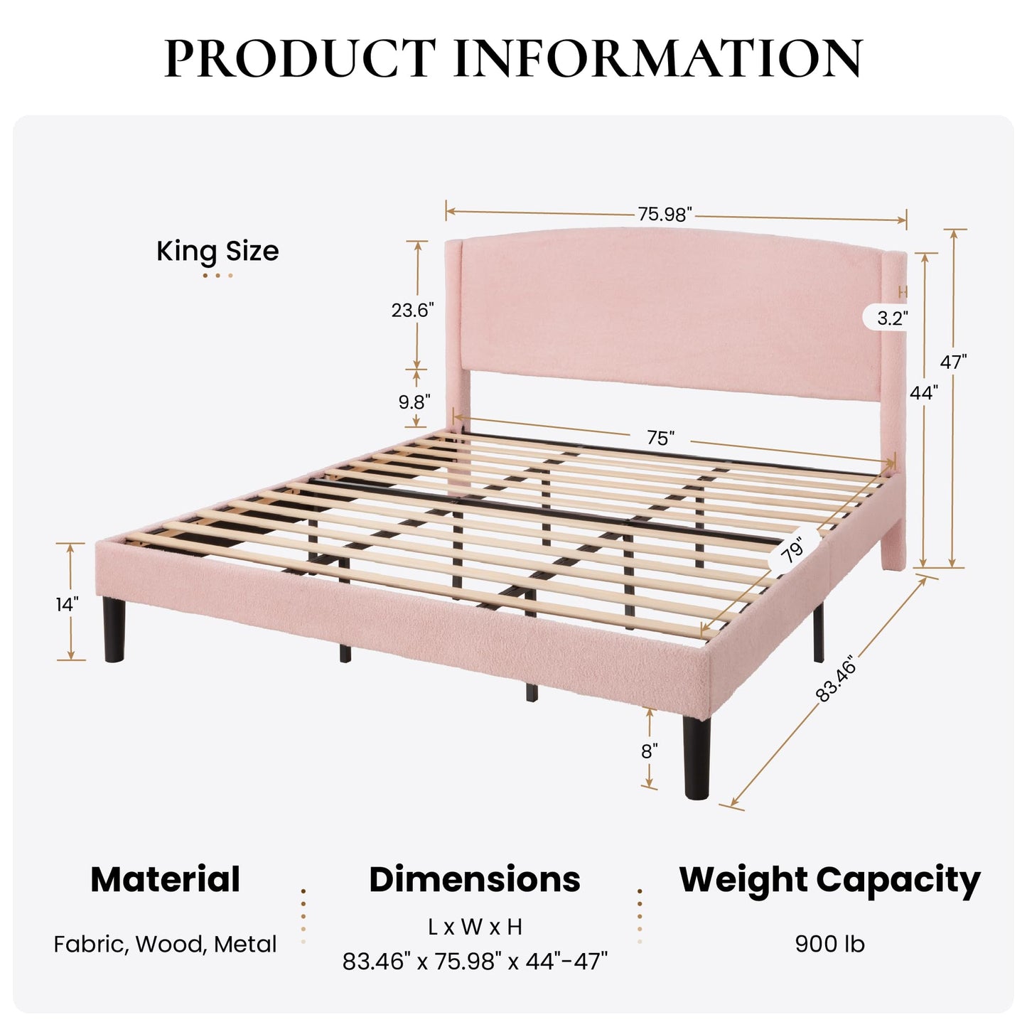 SHA CERLIN King Size Bed Frame with Soft Teddy Fabric, Boucle Upholstered Platform Bed, Curved Headboard Design, Wooden Slats Support, Noise-Free, No Box Spring Needed, Easy Assembly, Pink