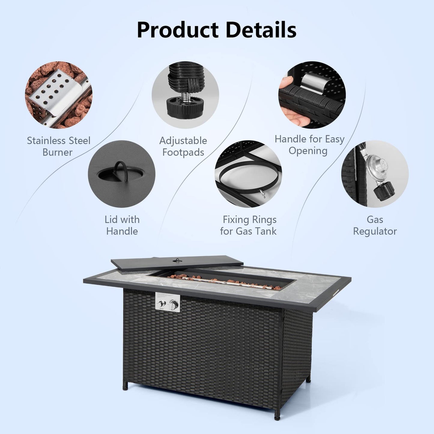 COSTWAY 52" Patio Propane Fire Pit Table, 50,000 BTU Outdoor Fire Table, Electric Pulse Ignition, Marble Tabletop & Weatherproof Rattan, Protective Cover Included, Perfect for Backyard, Poolside