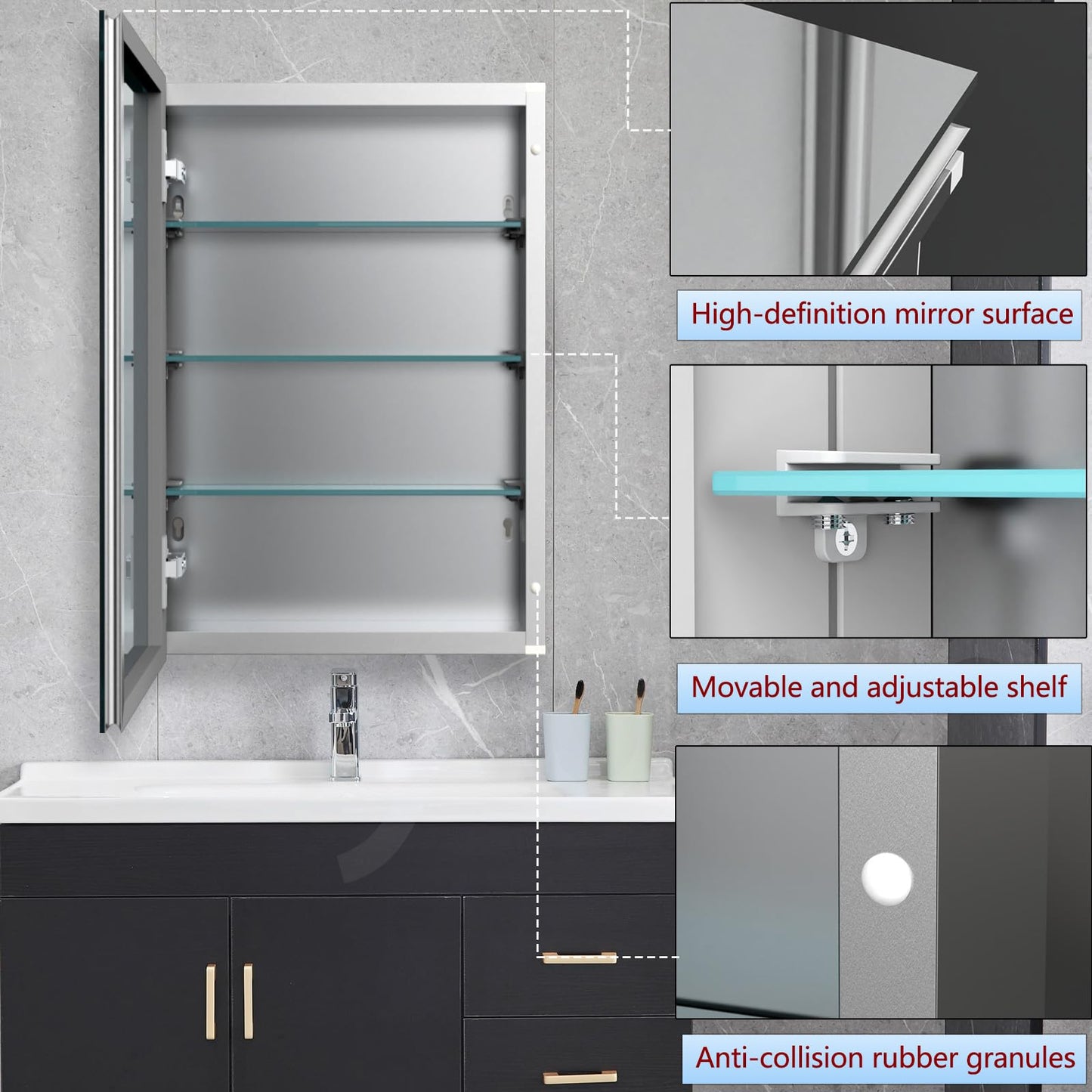HESONTH Medicine Cabinet with Mirror of Storage, 22x30 inch Aluminum Bathroom Cabinet, Assembly Needed, Surface Mount or Recessed Wall Cabinet with Adjustable Glass Shelves for Bathroom Bedroom