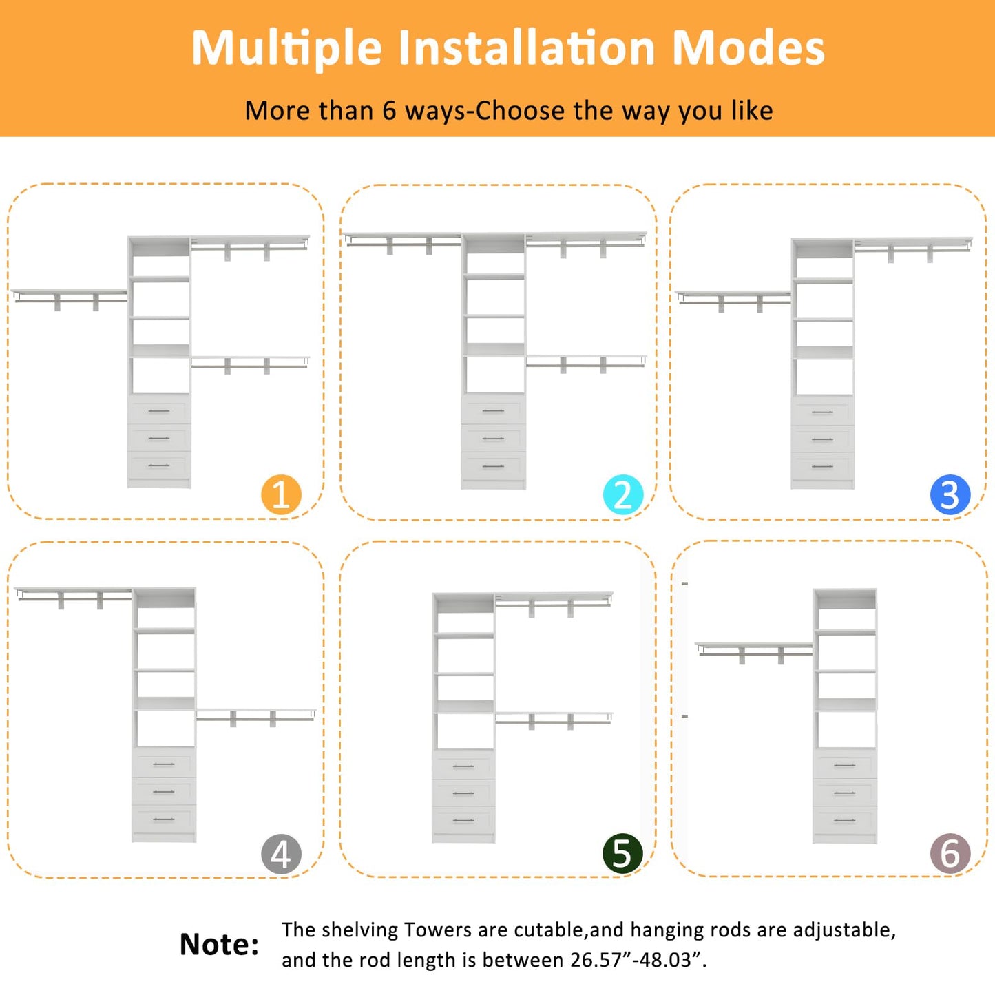 secilix Closet System with Drawers, 5-8FT Closet Organizer Systems with Expandable Hanging Rods, 91.36" Closet Shelving Systems for Walk in Closets, Heavy Duty Wall Mount Closet Systems-White