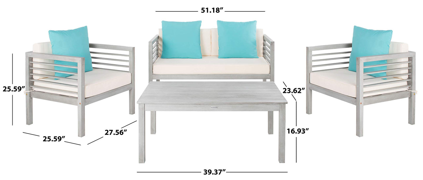 SAFAVIEH Outdoor Collection Alda Grey Wash/ White Cushions/ Light Blue Pillows 4-Piece Conversation Patio Set