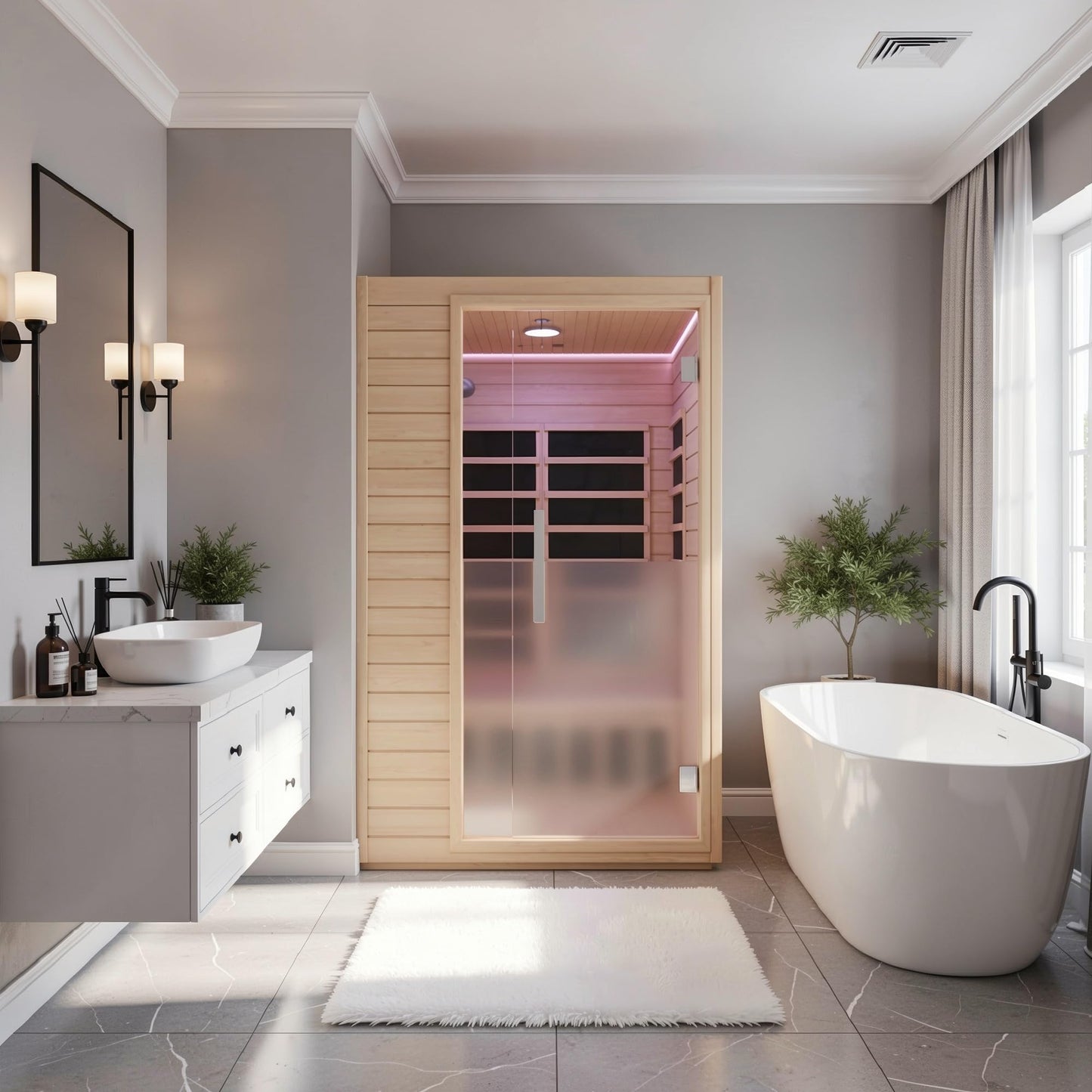 SaunaSpa Indoor 2-Person Infrared Cabin Sauna | Canadian Hemlock Wood Sauna with Low EMF Infrared Heating Panels, Tempered Glass Door, Chromotherapy Lighting, and Touch Control Panel with Bluetooth
