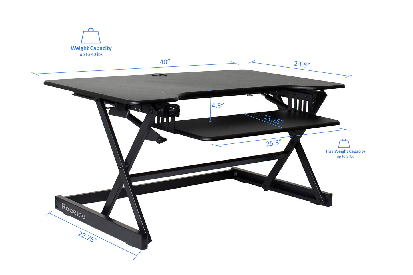 Rocelco 40" Large Height Adjustable Standing Desk Converter with Dual Monitor Stand BUNDLE - Quick Sit Stand Up Computer Workstation Riser - Retractable Keyboard Tray - Black (R DADRB-40-DMS)