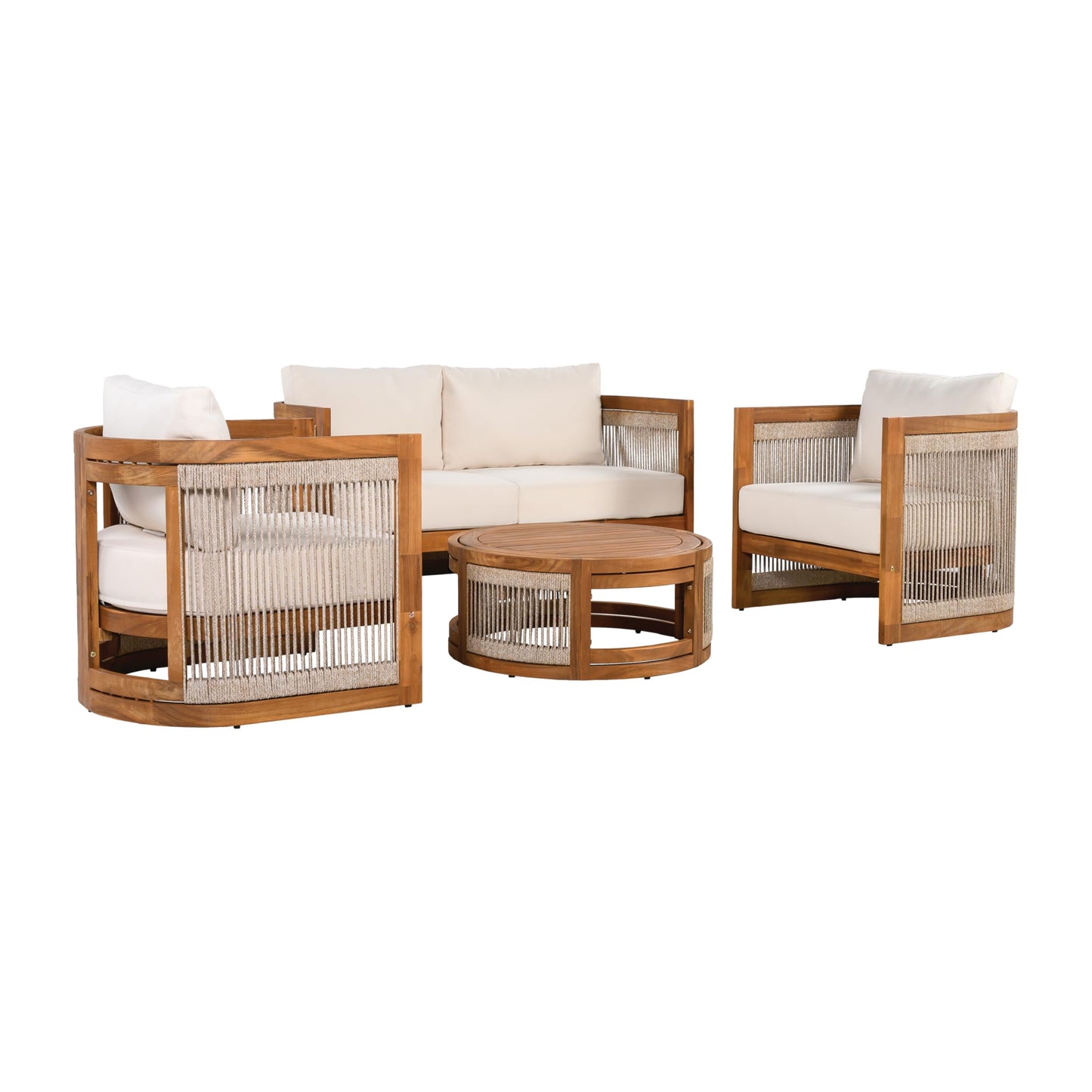 Christopher Knight Home Nesbit 4 Pieces Conversation Set, Acacia Wood Chat Set, Woven Rope Loveseat and Accent Chairs, Slat Panel Coffee Table, Patio Furniture Set for Backyard Balcony Garden, Beige