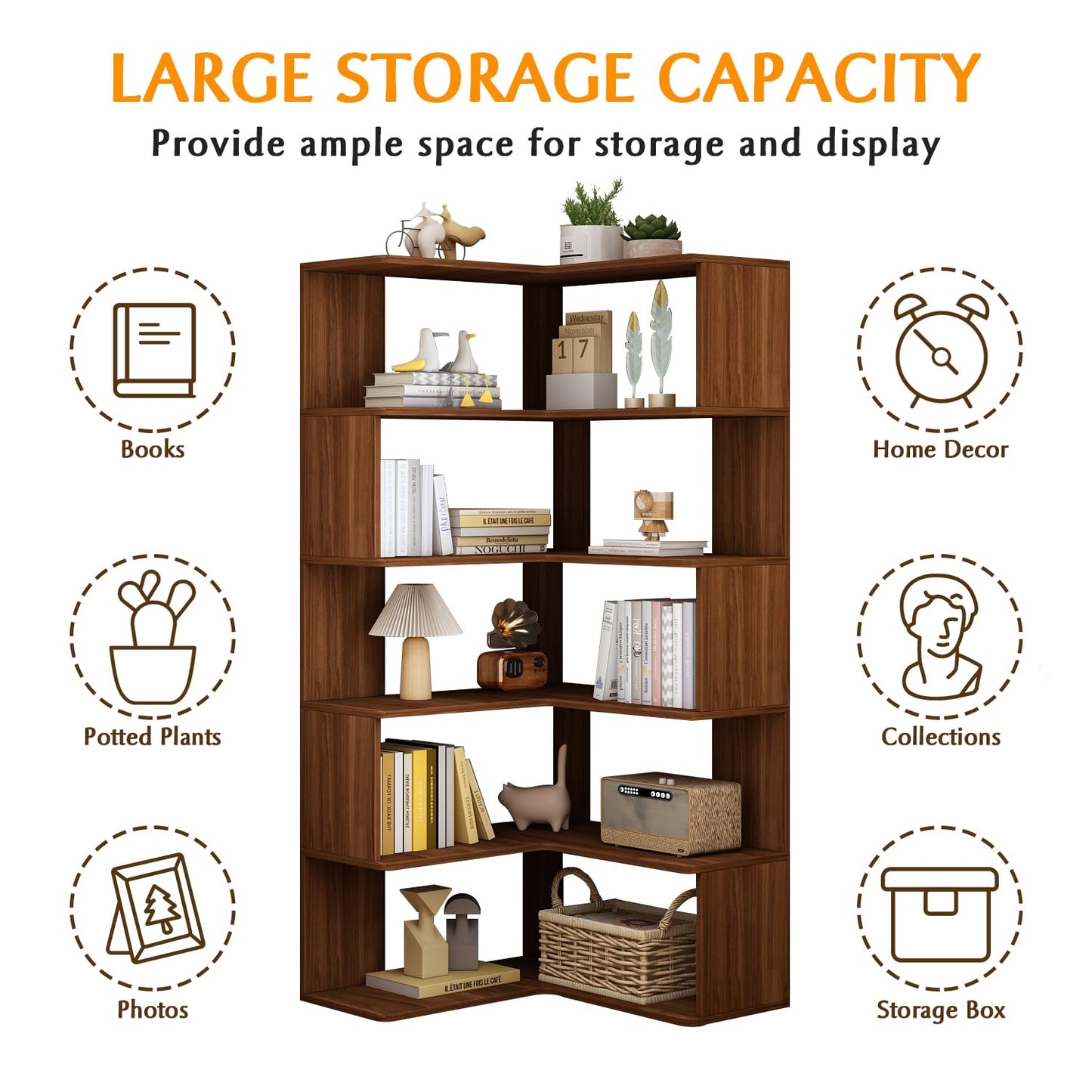 IOTXY 6-Tier L-Shaped Corner Bookshelf - 66" Tall Wooden Freestanding Bookcase with Open Shelf Units, Walnut