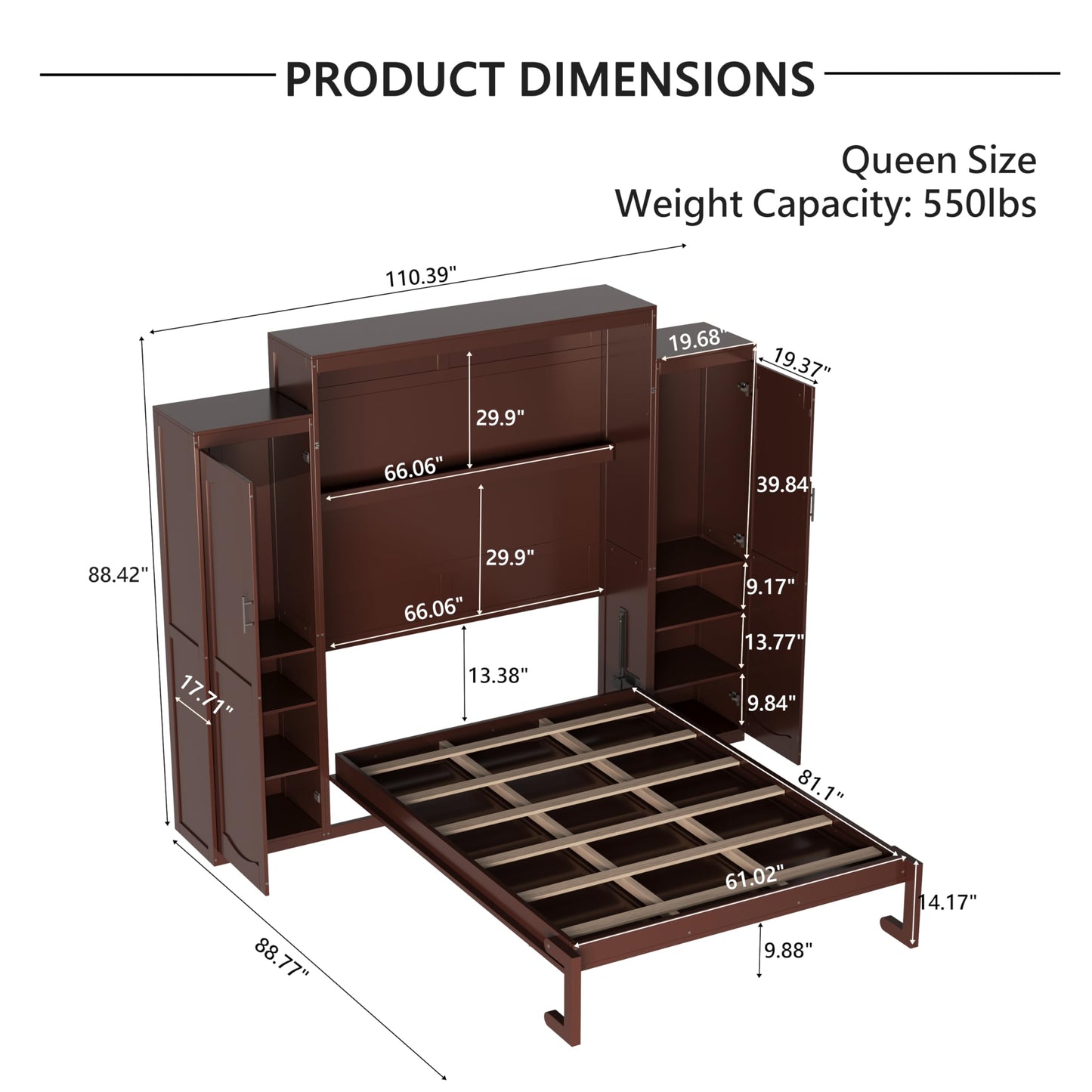 Merax Queen Size Wood Murphy Bed, with 2 Wardrobe and Storage Shelf, Multifunctional Foldable Wall Platform Bedframe for Guest-Room, Bedroom, Walnut