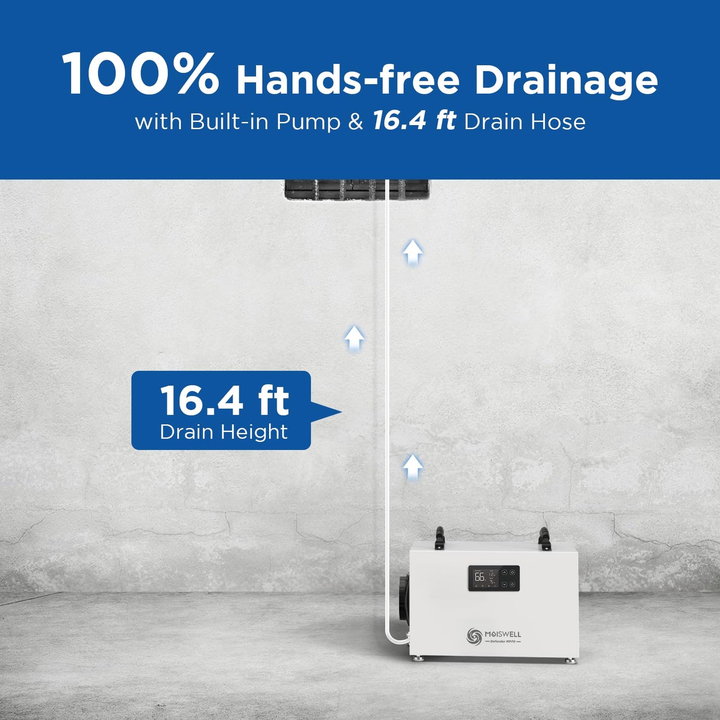 Moiswell 145 Pints Commercial Dehumidifier with Pump, Crawlspace Dehumidifiers with Drain Hose for Compact Tight Basements Large Spaces | MOISWELL Defender MP70