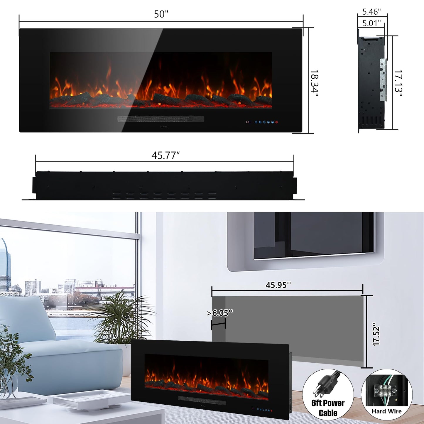 Dreamflame 50" Electric Fireplace, Recessed & Wall Mounted Fireplace Heater 13 * 13 Colors Flame &Fuel Bed w/5 Dimmer, Touchscreen &Remote Control Temp, Overheating Protect, Hardwired, 1500W, Black