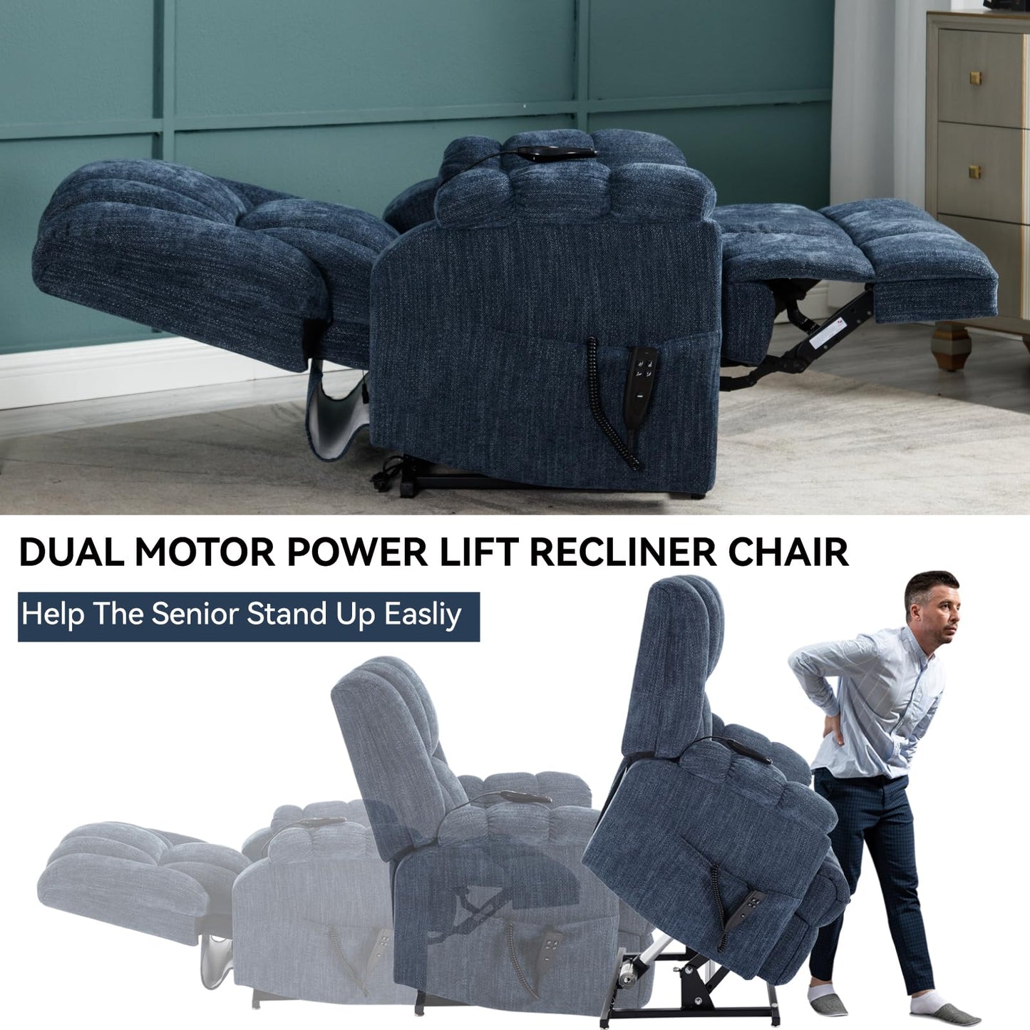 GDFStudio Dual Motor Power Lift Recliner Chair with Massage and Lumbar Heat, Heavy Duty Electric Reclining Chair with Remote Control, Supports Up to 350 LBS, Blue