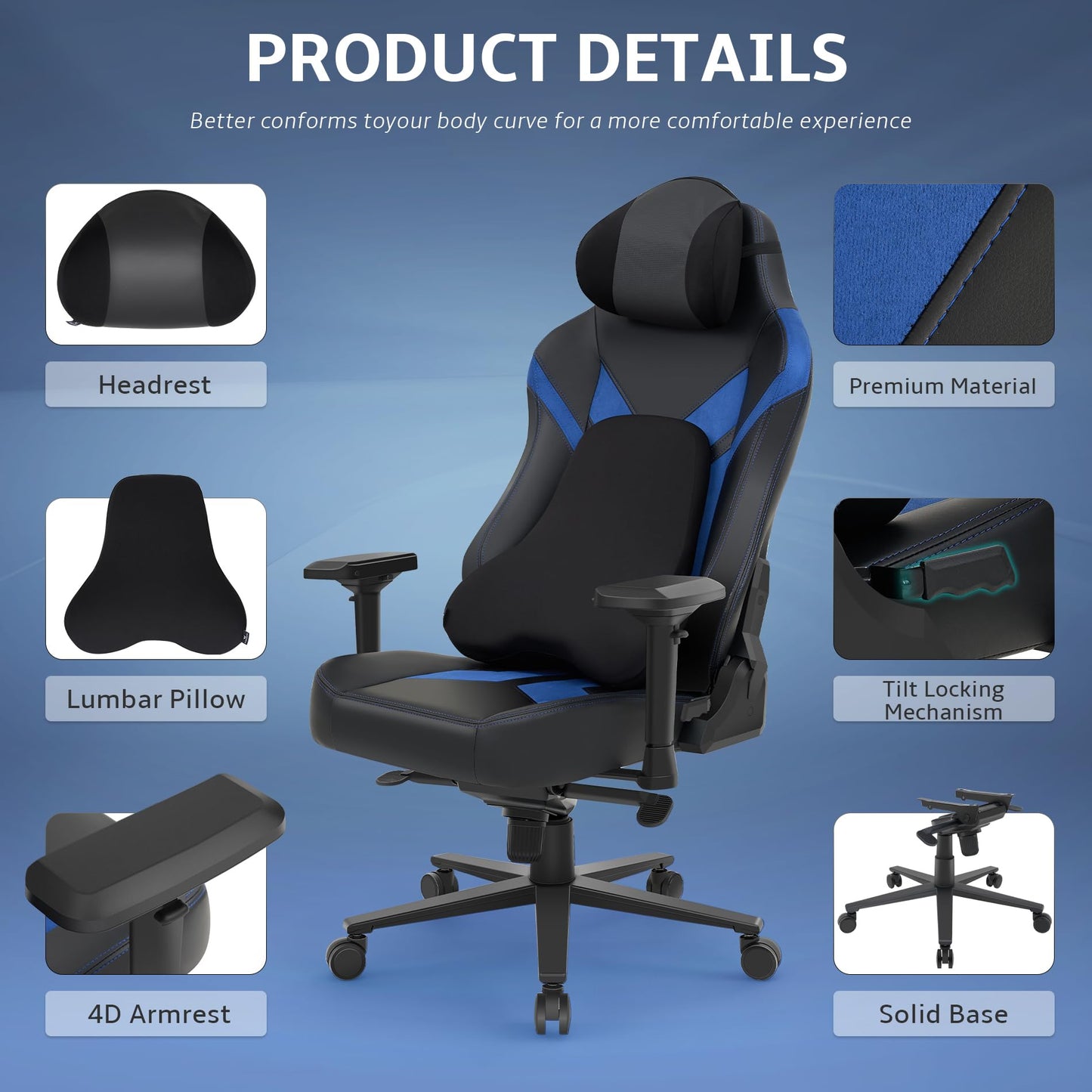 Wyrdforging Ergonomic Gaming Chair, Computer Desk Chairs, 4D Armrests, High Back Office Chair with Headrest & Lumbar Pillow, Tilt Rocker Recliner, Heavy-Duty Base, Black PU Leather & Blue Suede Combo